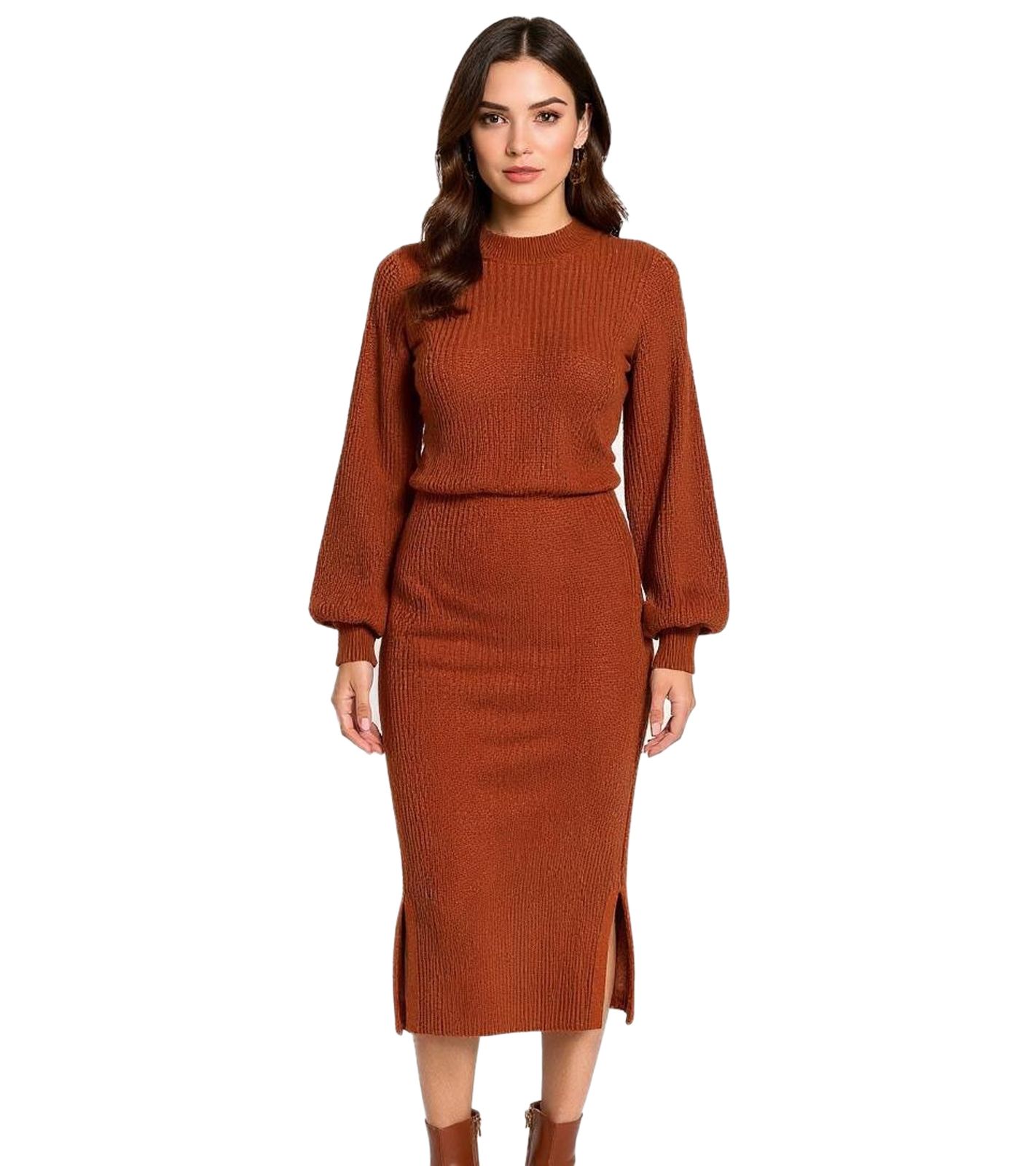 Damen Midi-Rock stylischer Strick-Rock mit Gummibund 974115 Rostbraun
