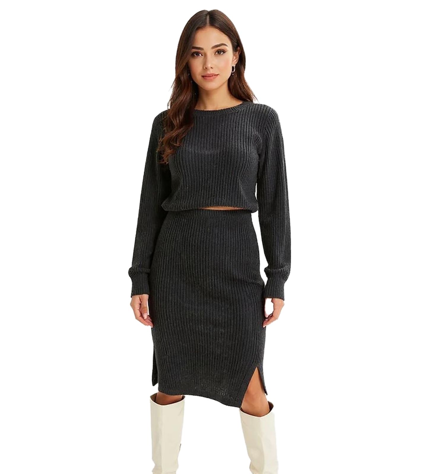 Damen Midi-Rock stylischer Strick-Rock mit Gummibund Große Größen 932509 Anthrazit melliert