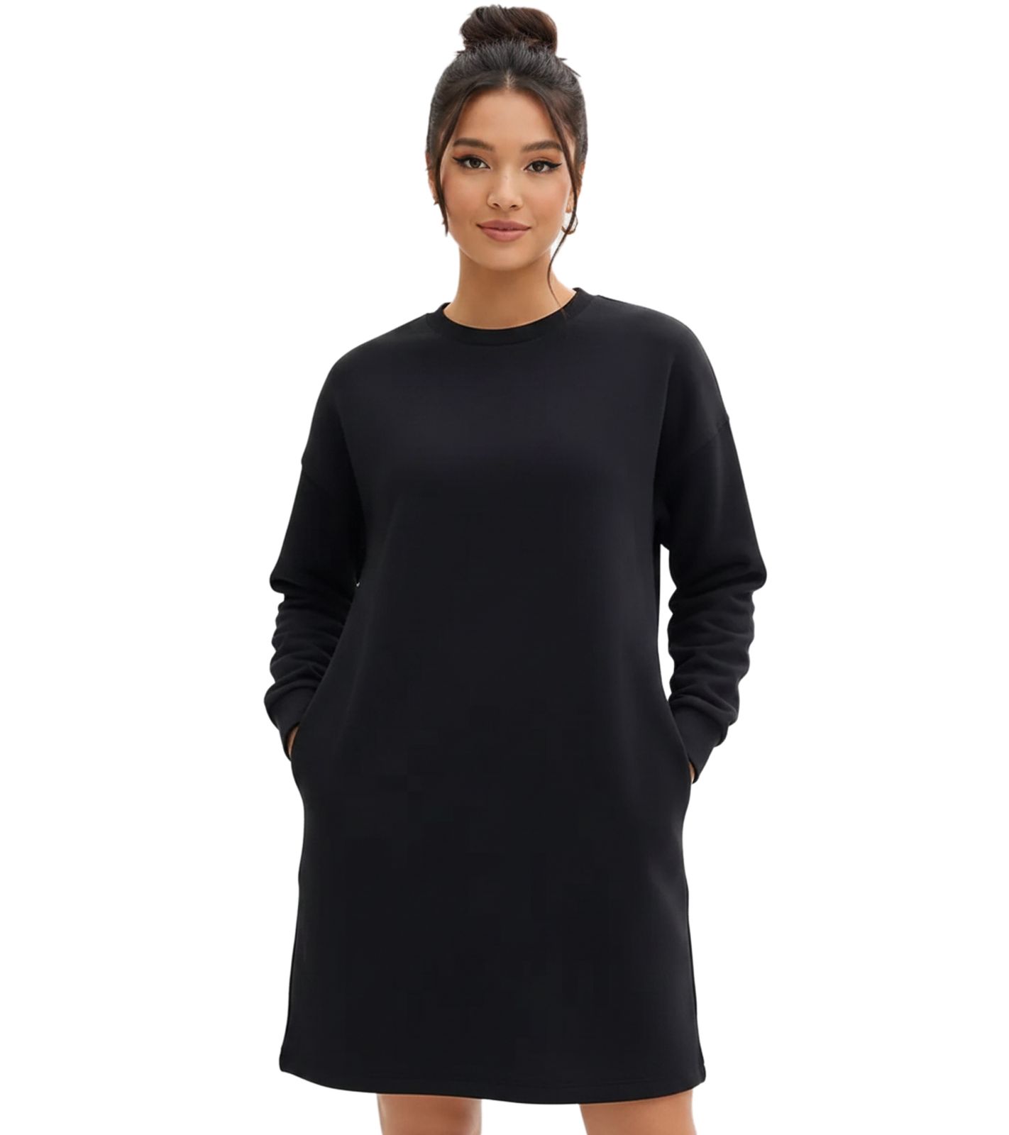 Damen Pullover-Kleid Langarm-Kleid mit großem Rücken-Print Sweat-Kleid Baumwoll-Kleid 908102 Schwarz