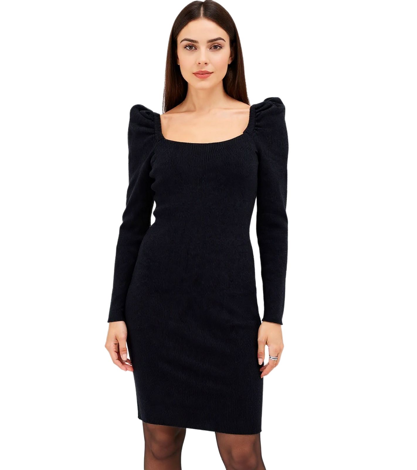Damen Ripp-Strick-Kleid mit Karree-Ausschnitt Mini-Kleid mit langen Ärmeln 906800 Schwarz