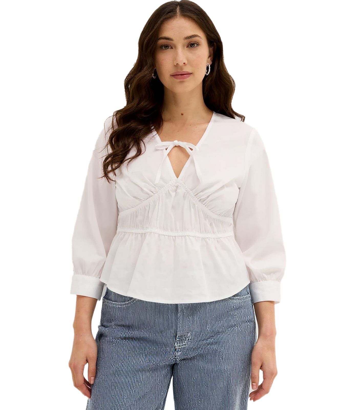 Damen Sommer-Bluse mit Bindeband und taillierter-Saum Sommer-Shirt 968082 Weiß