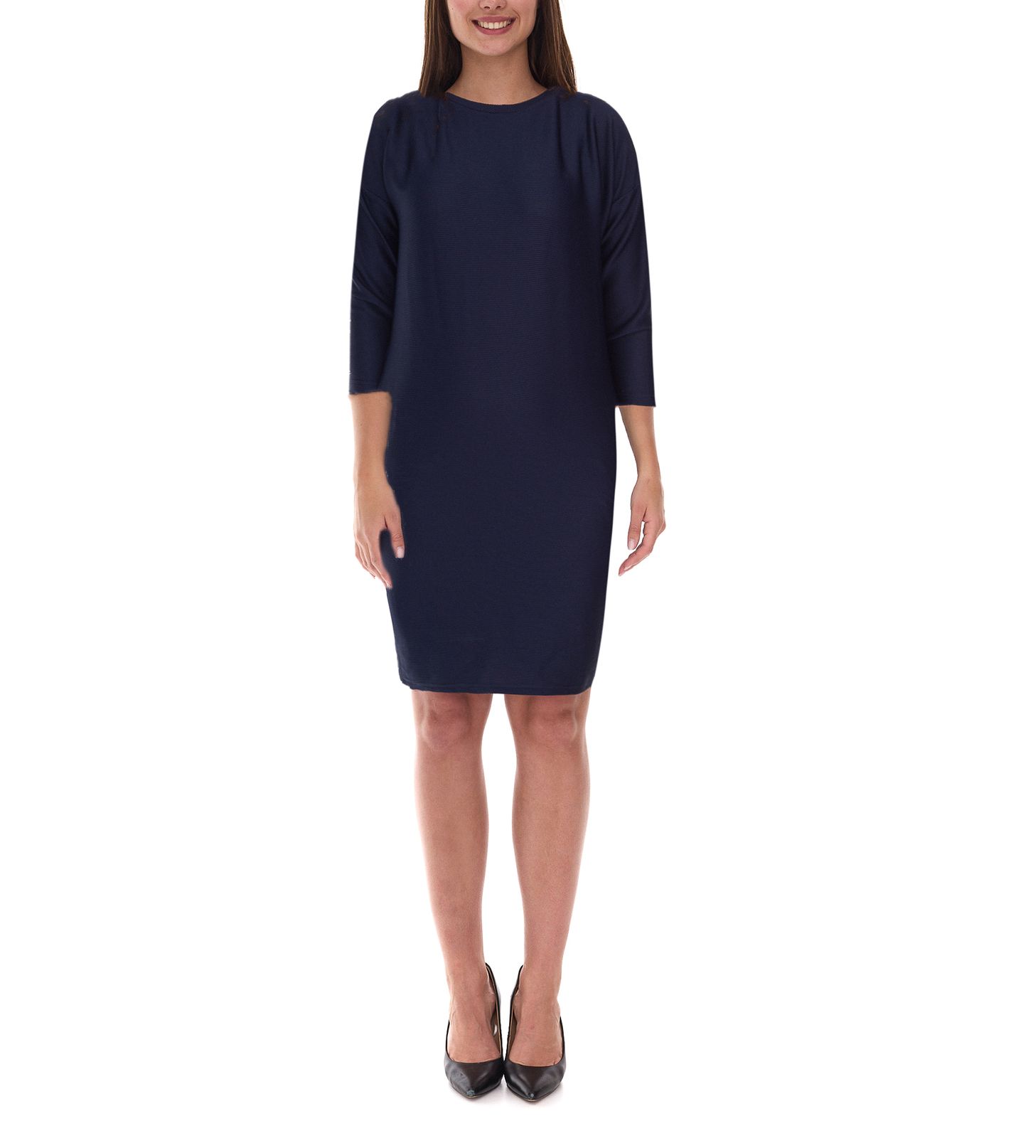 Damen Sommer-Kleid Jersey-Kleid in Ripp-Strick-Struktur mit 3/4 Arm 962523 Dunkelblau