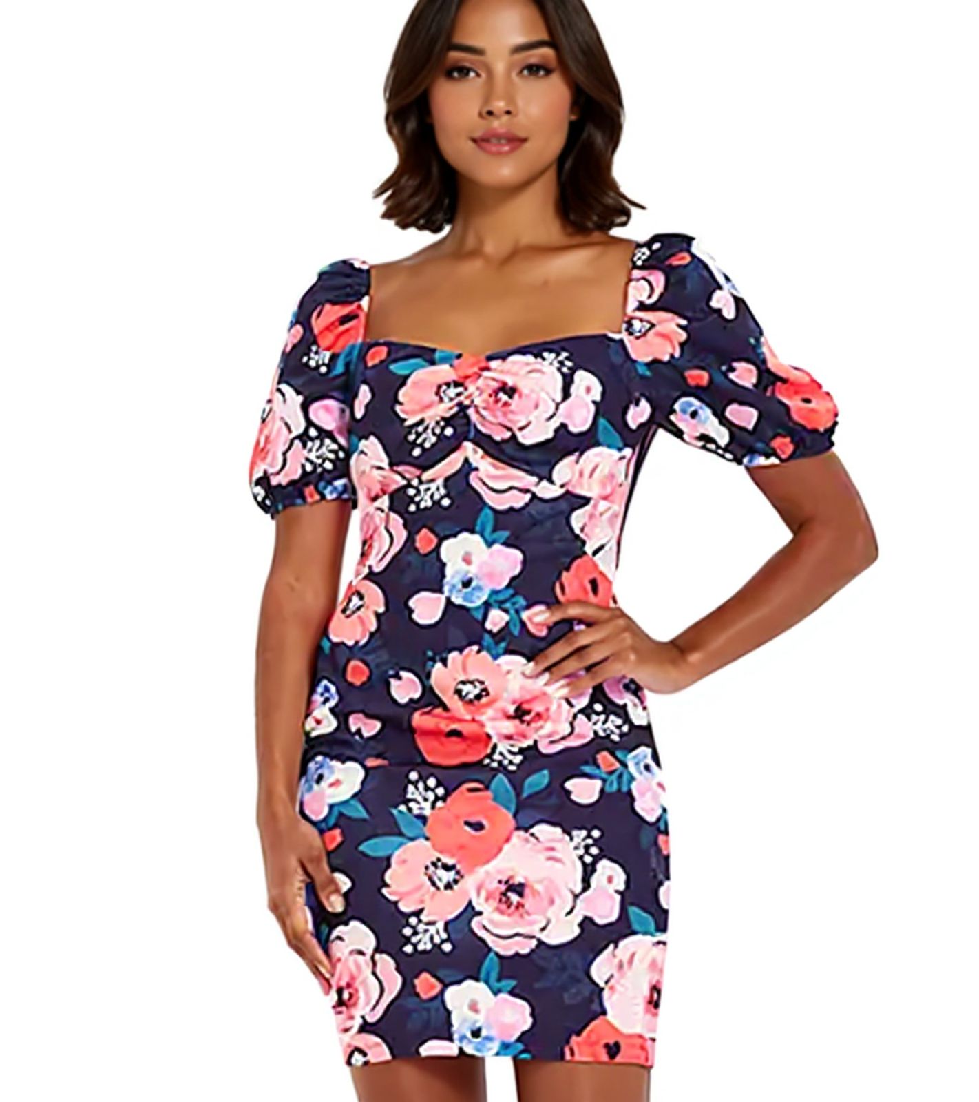 Damen Sommer-Kleid mit floralem Allover-Print Mini-Kleid mit Puff-Ärmeln Freizeit-Kleid 931070 Blau/Bunt