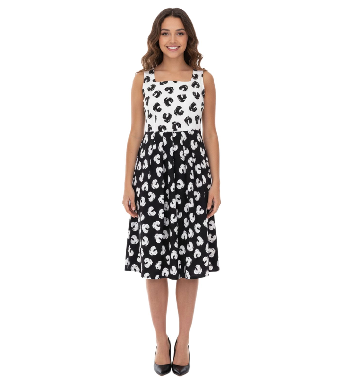 Damen Sommer-Kleid mit grafischem Druck Baumwoll-Kleid ohne Ärmel Midi-Kleid 948746 Weiß/Schwarz