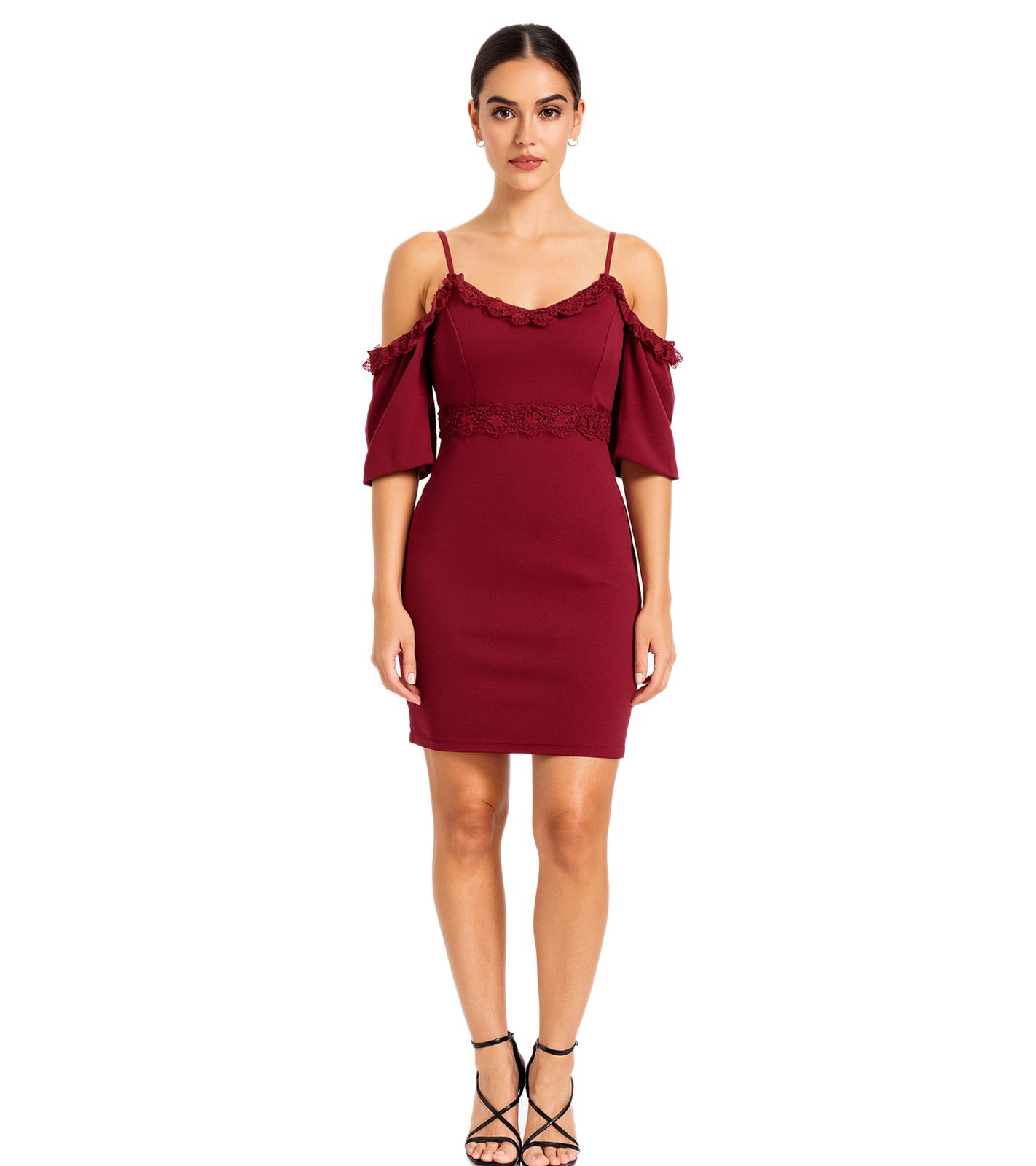 Damen Spitzen-Kleid schulterfreies Mini-Kleid mit dünnen, verstellbaren Trägern 951142 Burgunder-Rot