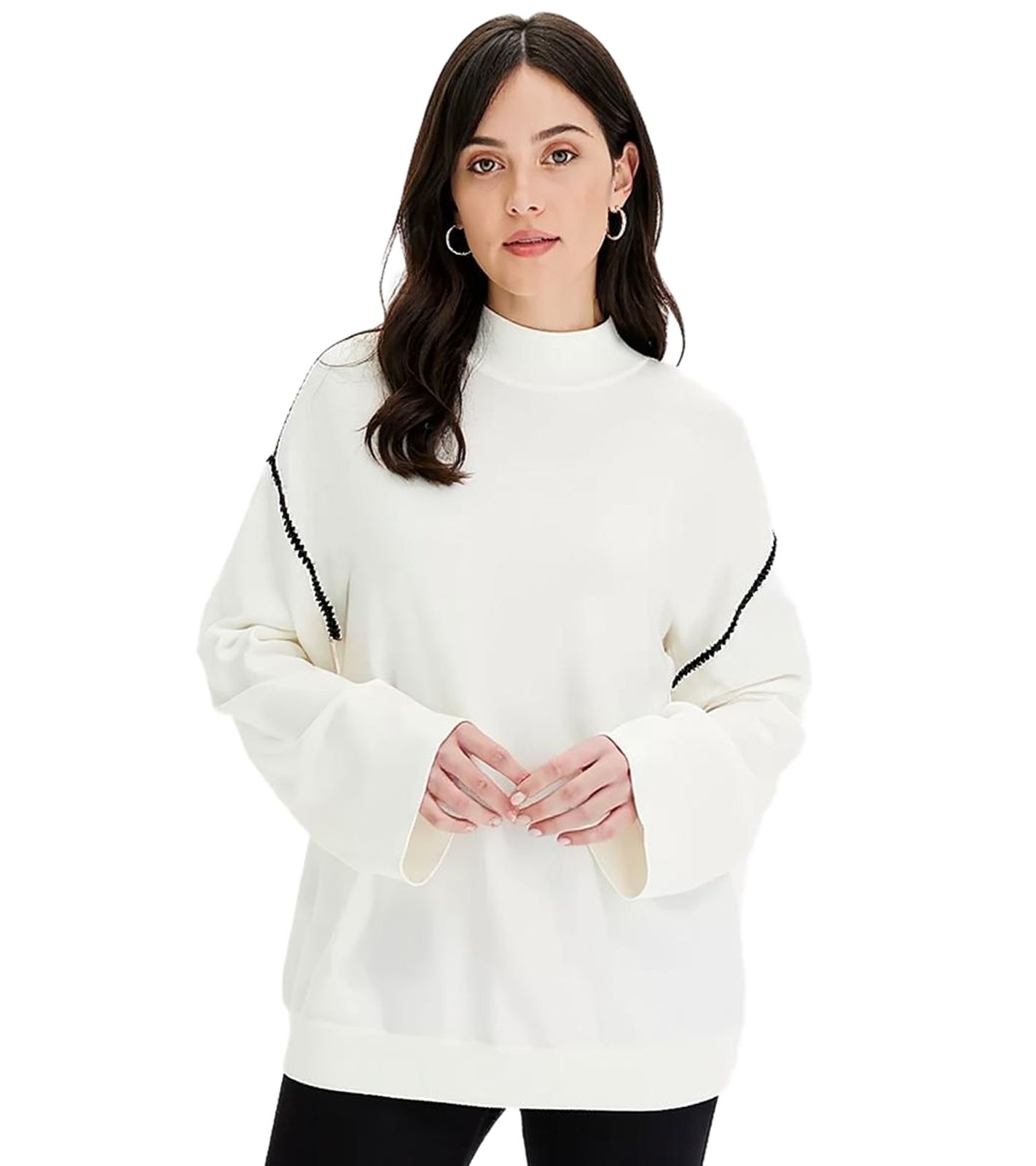 Damen Stehkragen-Pullover mit Zierstich Oversized Strick-Pullover 954790 Creme-Weiß