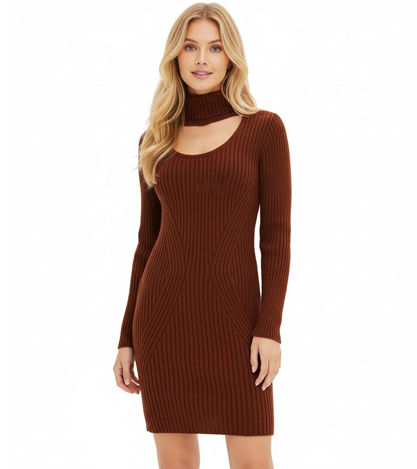 Damen Strick-Kleid Mini-Kleid mit Rollkragen und Ausschnittdetails Langarm-Kleid 979792 Mahagoni-Braun