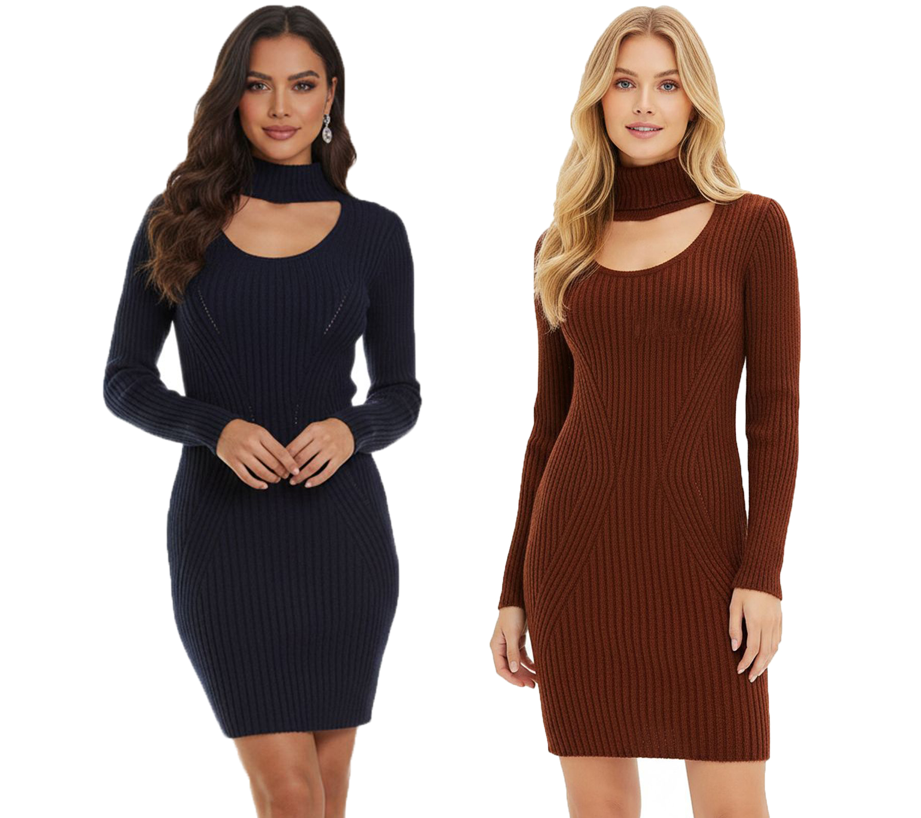 Damen Strick-Kleid Mini-Kleid mit Rollkragen und Ausschnittdetails Langarm-Kleid Mahagoni-Braun oder Dunkelblau