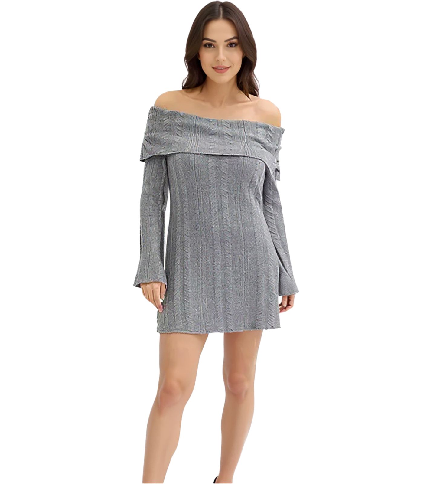 Damen Strick-Kleid mit Bardot-Ausschnitt Mini-Kleid Schulterfrei 912333 Grau