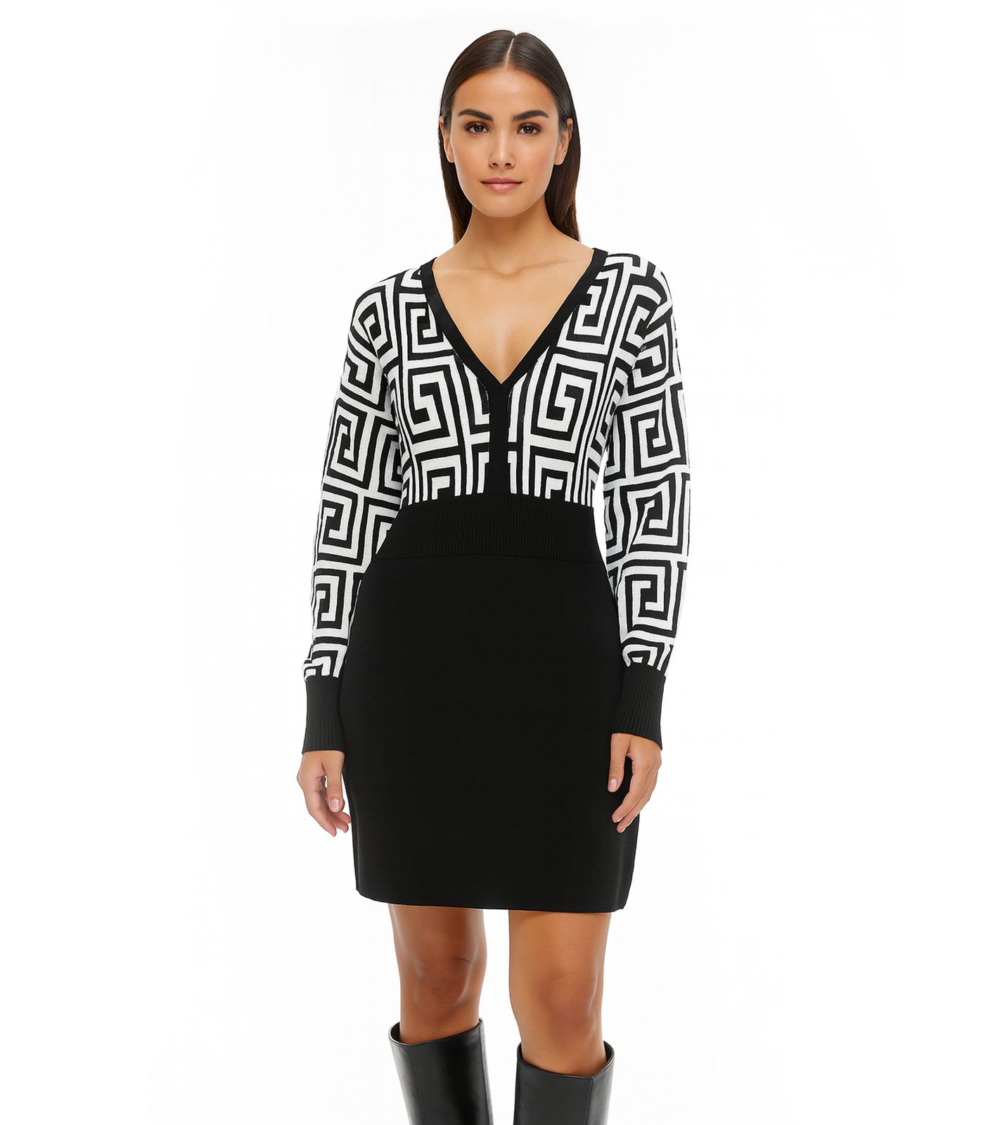 Damen Strick-Kleid mit graphischem Muster Mini-Kleid mit langen Ärmeln 976171 Schwarz/Weiß