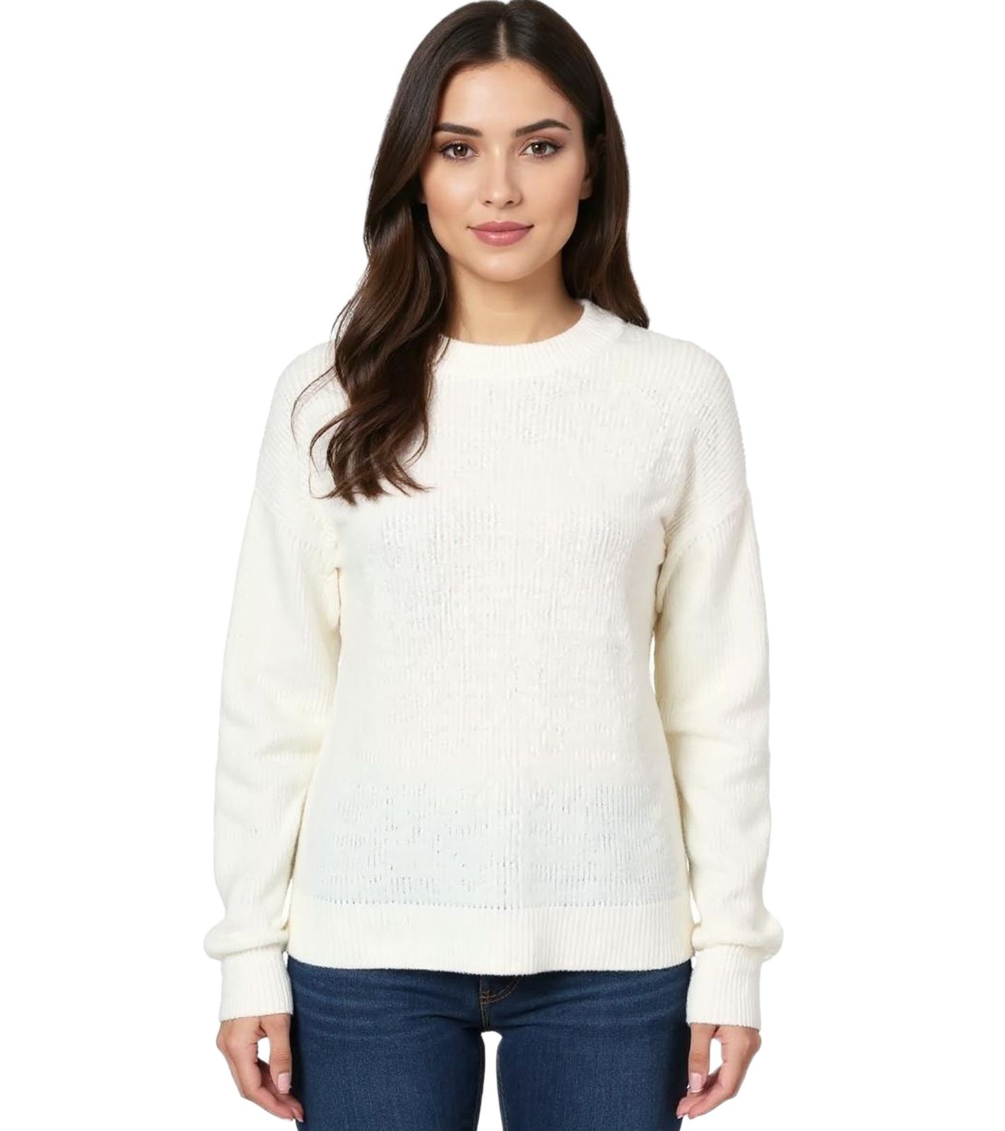 Damen Strick-Pullover mit Rundhals-Ausschnitt Alltags-Pullover Sweater 934030 Weiß