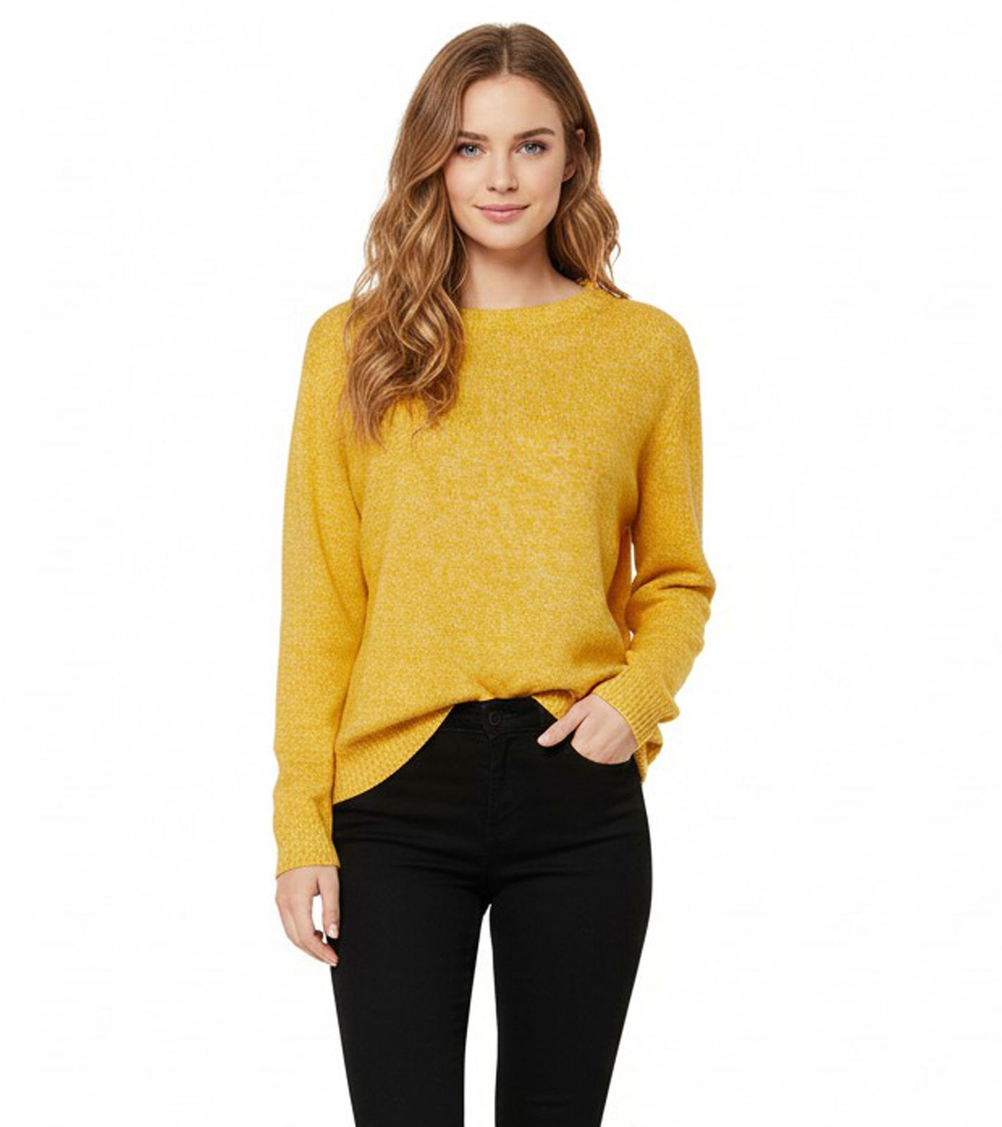 Damen Strick-Pullover mit Rundhals-Ausschnitt Langarm-Shirt 906742 Gelb/Weiß