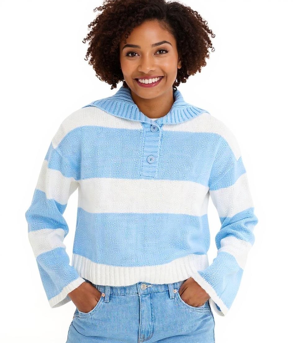 Damen Strick-Troyer mit Knöpfen gestreifter Strick-Pulli Große Größen 971190 Weiß/Hellblau