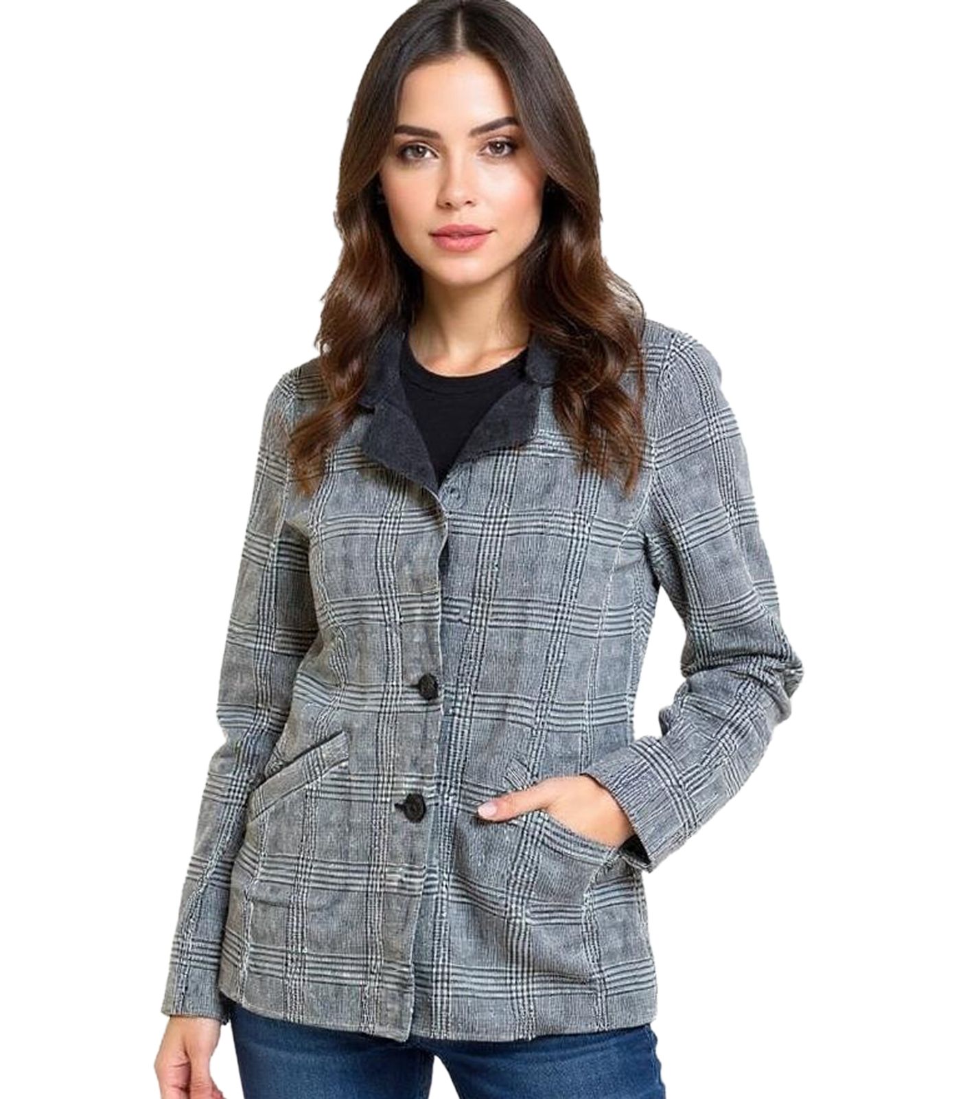 Damen Übergangs-Jacke Kurz-Mantel nachhaltiger Herbst-Mantel karierte Herbst-Jacke 922470 Dunkelgrau