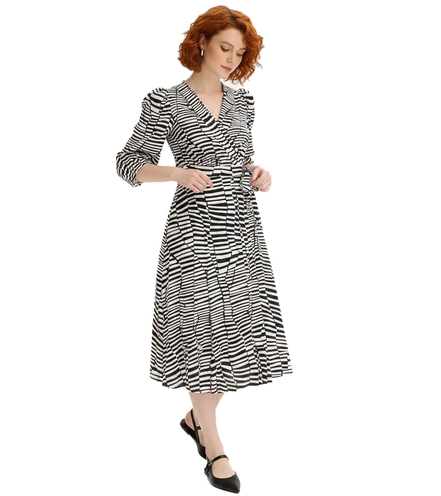 Damen Wickel-Kleid mit Zebra-Muster Langarm-Kleid Freizeit-Kleid 931281 Schwarz/Weiß