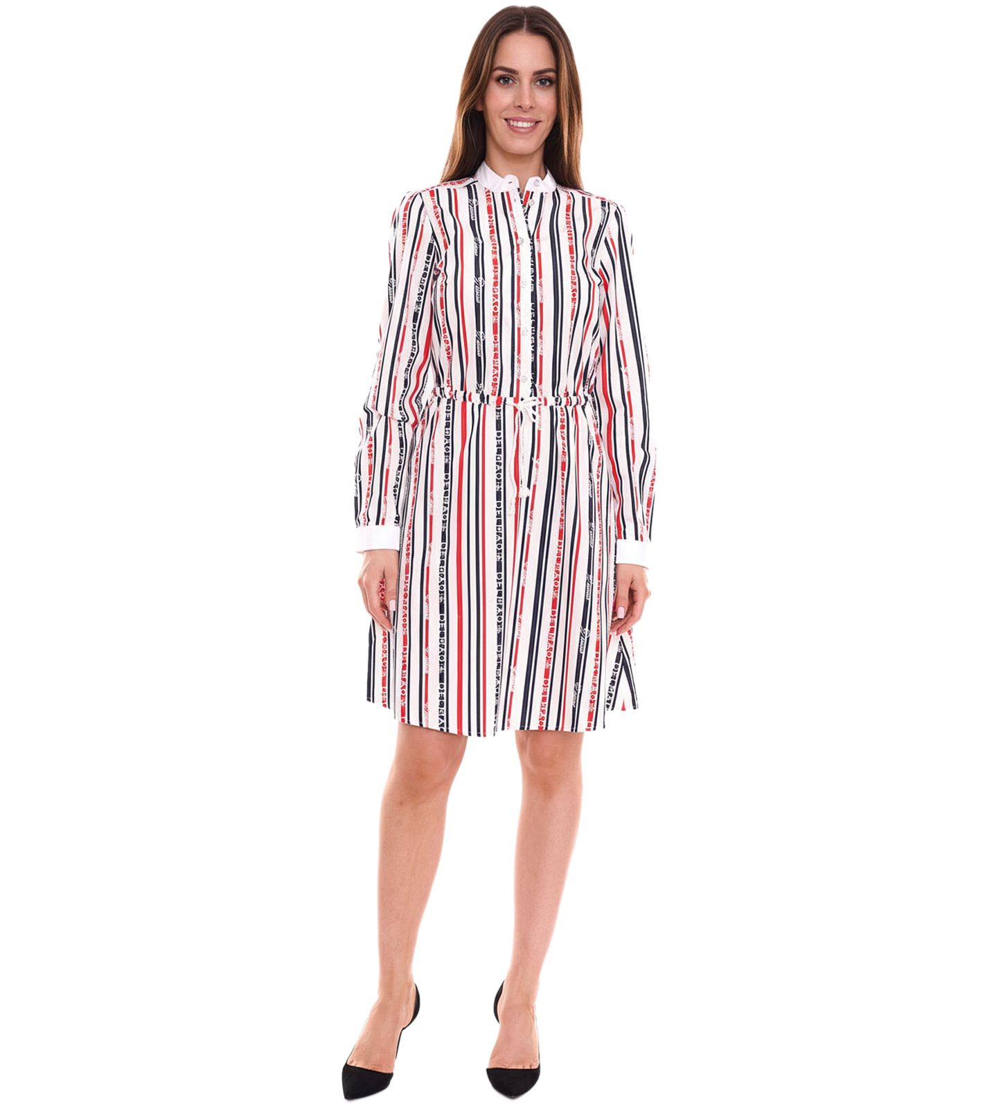 DELMAO Damen Baumwoll-Kleid Mini-Kleid gestreiftes Langarm-Kleid Blusen-Kleid 10440711 Weiß/Blau/Rot