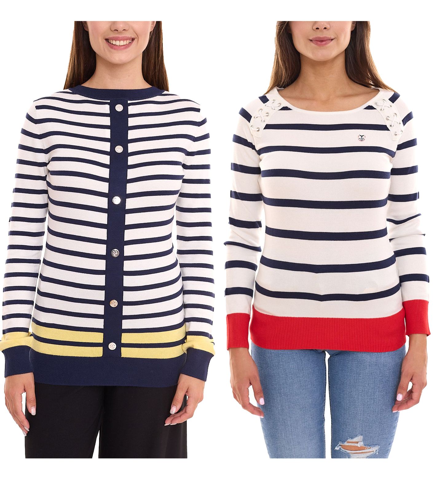 DELMAO Damen Langarm-Shirt gestreiftes Rundhals-Sweatshirt mit Schnürung oder Knöpfen Blau/Weiß/Rot oder Blau/Weiß