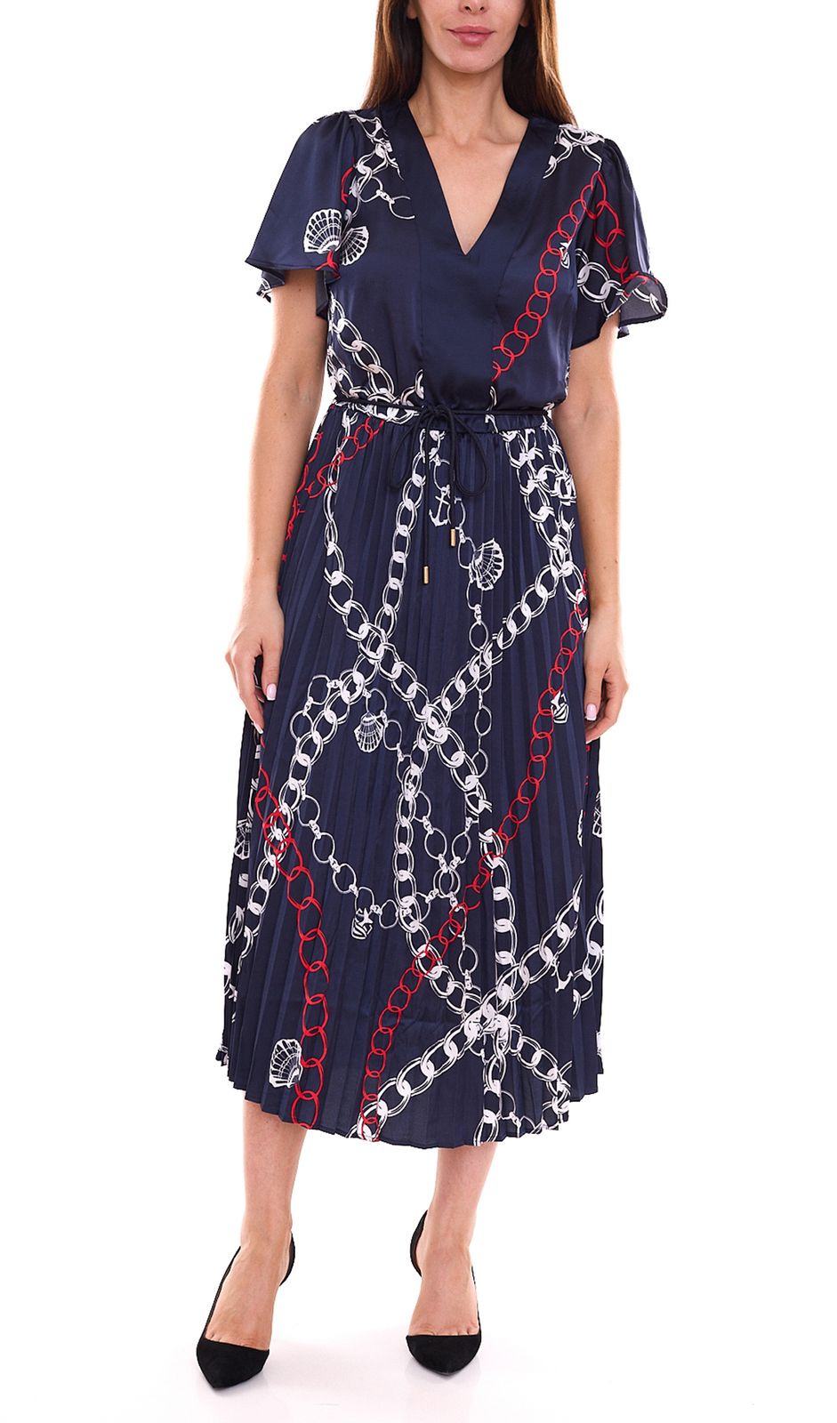 DELMAO Damen Maxi-Kleid stylisches Sommer-Kleid mit Allover-Muster 65542222 Navy