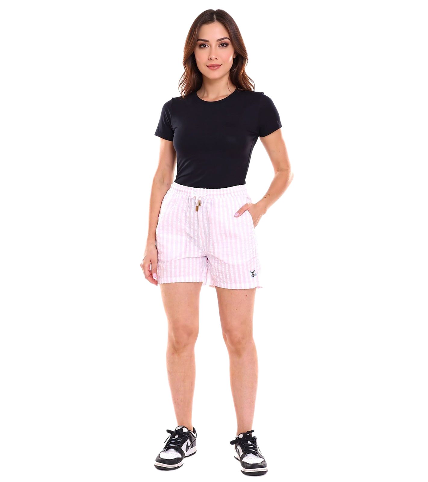 DELMAO Damen Shorts im Streifen-Look kurze Hose mit seitlichen Eingriffstaschen 17017345 Rosa/Weiß