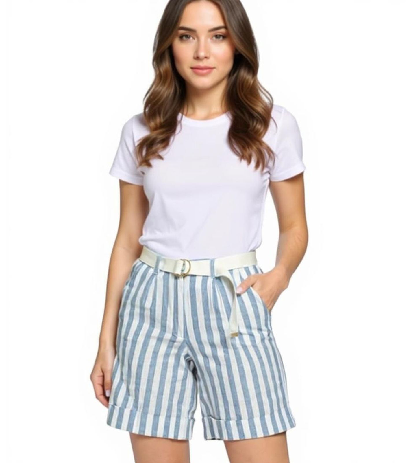 DELMAO Damen Shorts mit Gürtel im Streifen-Look kurze Hose mit seitlichen Eingriffstaschen 82611938 Blau/Weiß