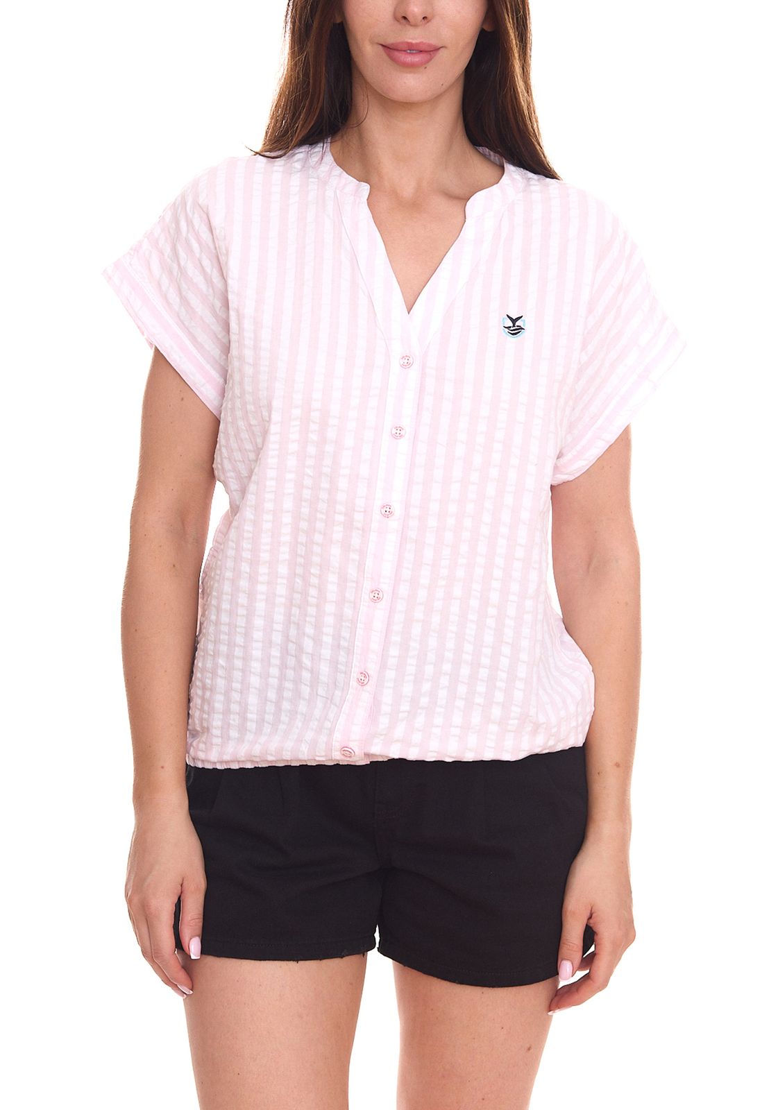 DELMAO Damen Sommer-Bluse gestreift Kurzarm-Bluse Sommer-Shirt 89244315 Rosa/Weiß