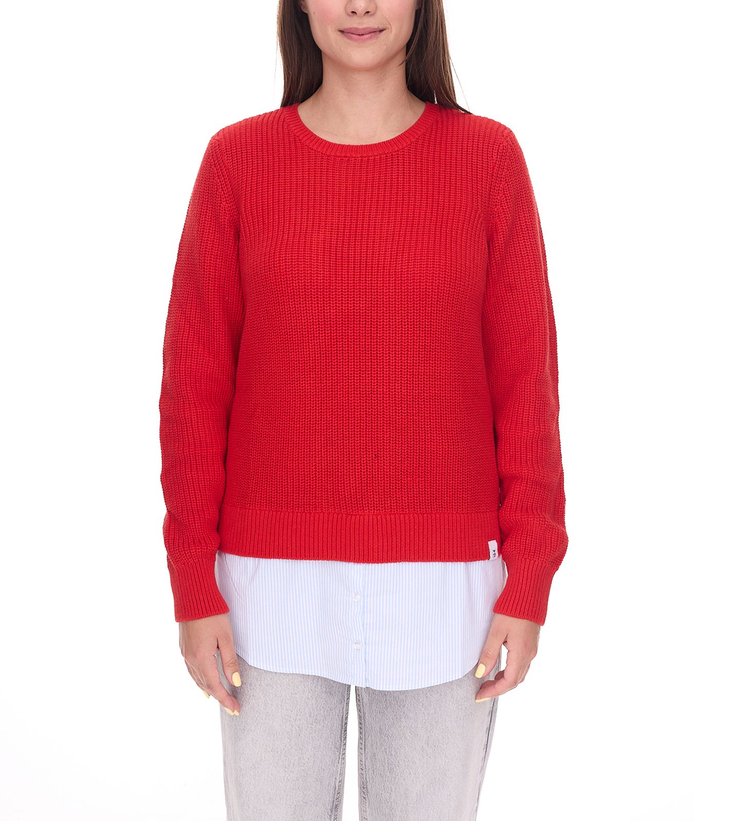 DELMAO Damen Stick-Pullover mit Blusensaum Langarm-Sweater im 2in1-Look 44176718 Rot