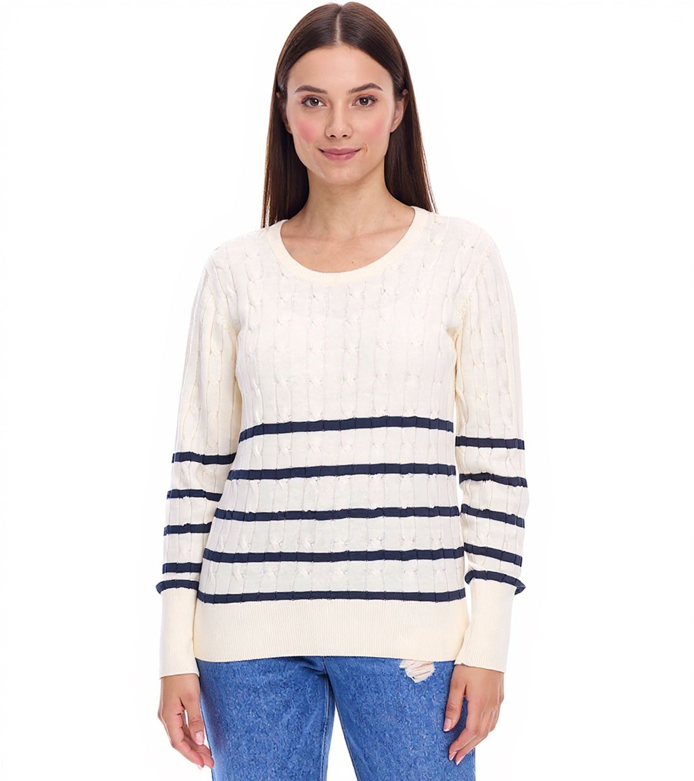 DELMAO Damen Strick-Pullover gestreifter Baumwoll-Pulli Zopfstrick 94622740 Wollweiß/Navy