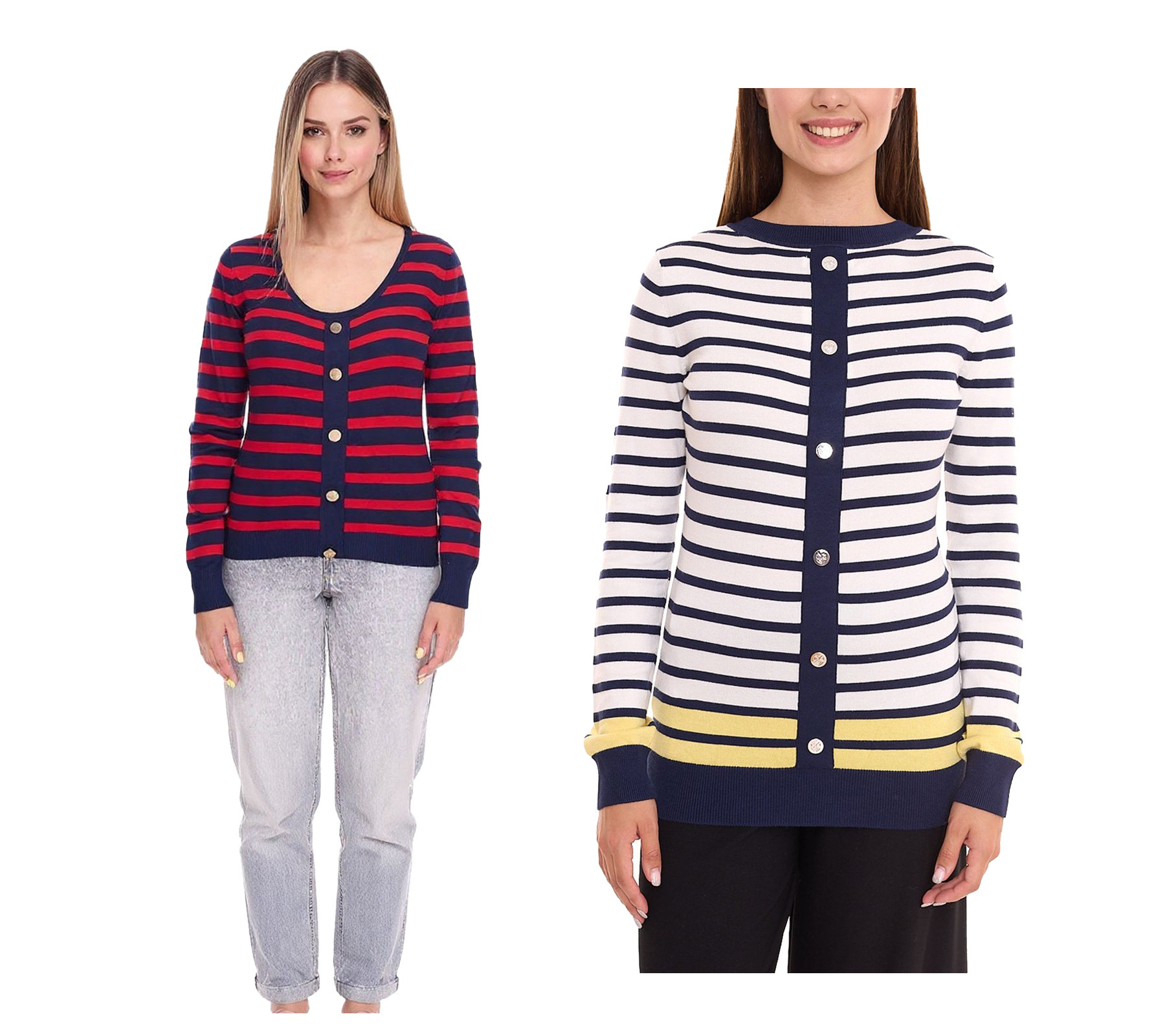 DELMAO Damen Strick-Pullover mit Zierknopfleiste Langarm-Shirt Sweater in Rot/Dunkelblau oder Blau/Weiß