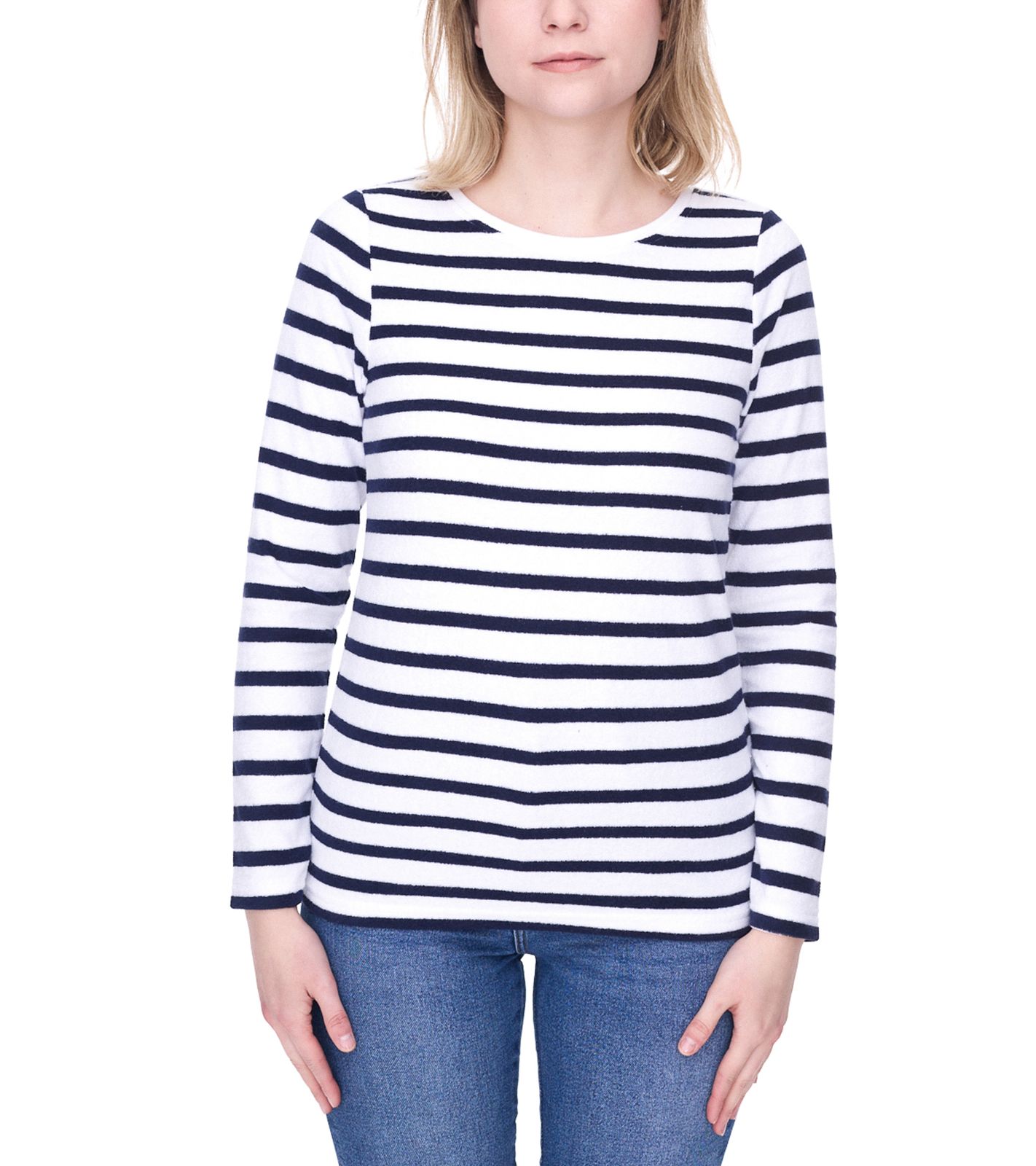 DELMAO Damen Sweatshirt gestreiftes Baumwoll-Longsleeve Langarm-Shirt 31157031 Weiß/Navy