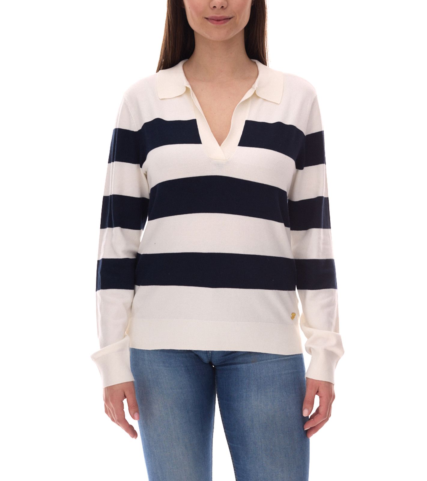 DELMAO Damen Sweatshirt gestreiftes Langarm-Shirt mit Polo-Kragen Longsleeve 40843715 Weiß/Navy
