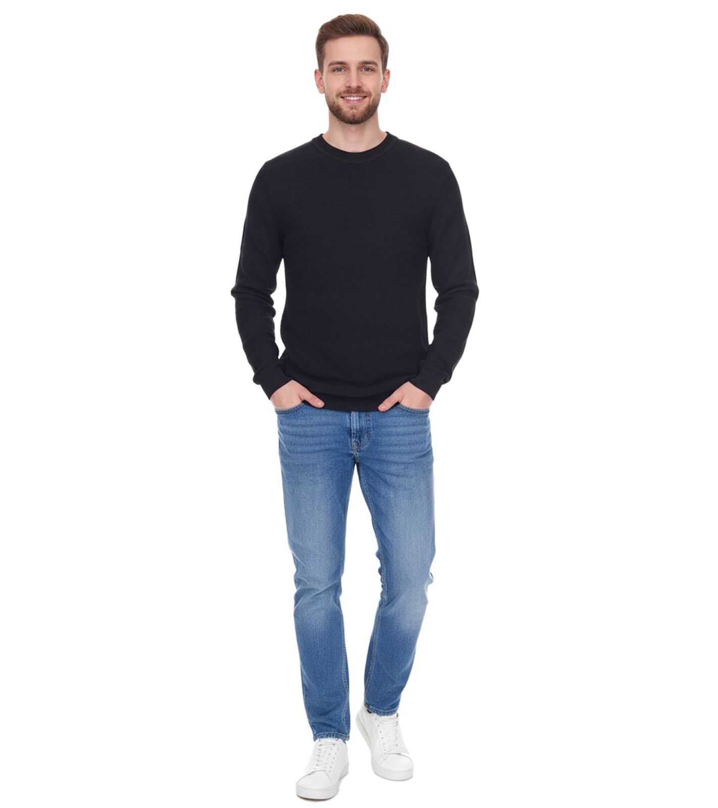 Denim Project Herren Strick-Pullover mit dezenter Musterung Baumwoll-Pullover Winter-Pullover Langarm-Shirt DP-10023-073 001 Schwarz