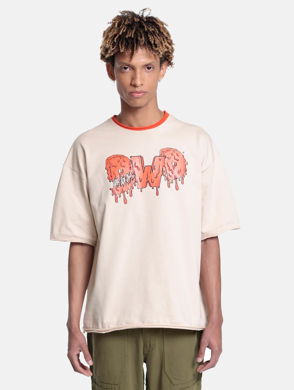 DWD Studioz Herren Drip Logo T-Shirt mit Logo-Frontprint Rundhals-Shirt Baumwoll-Shirt Beige