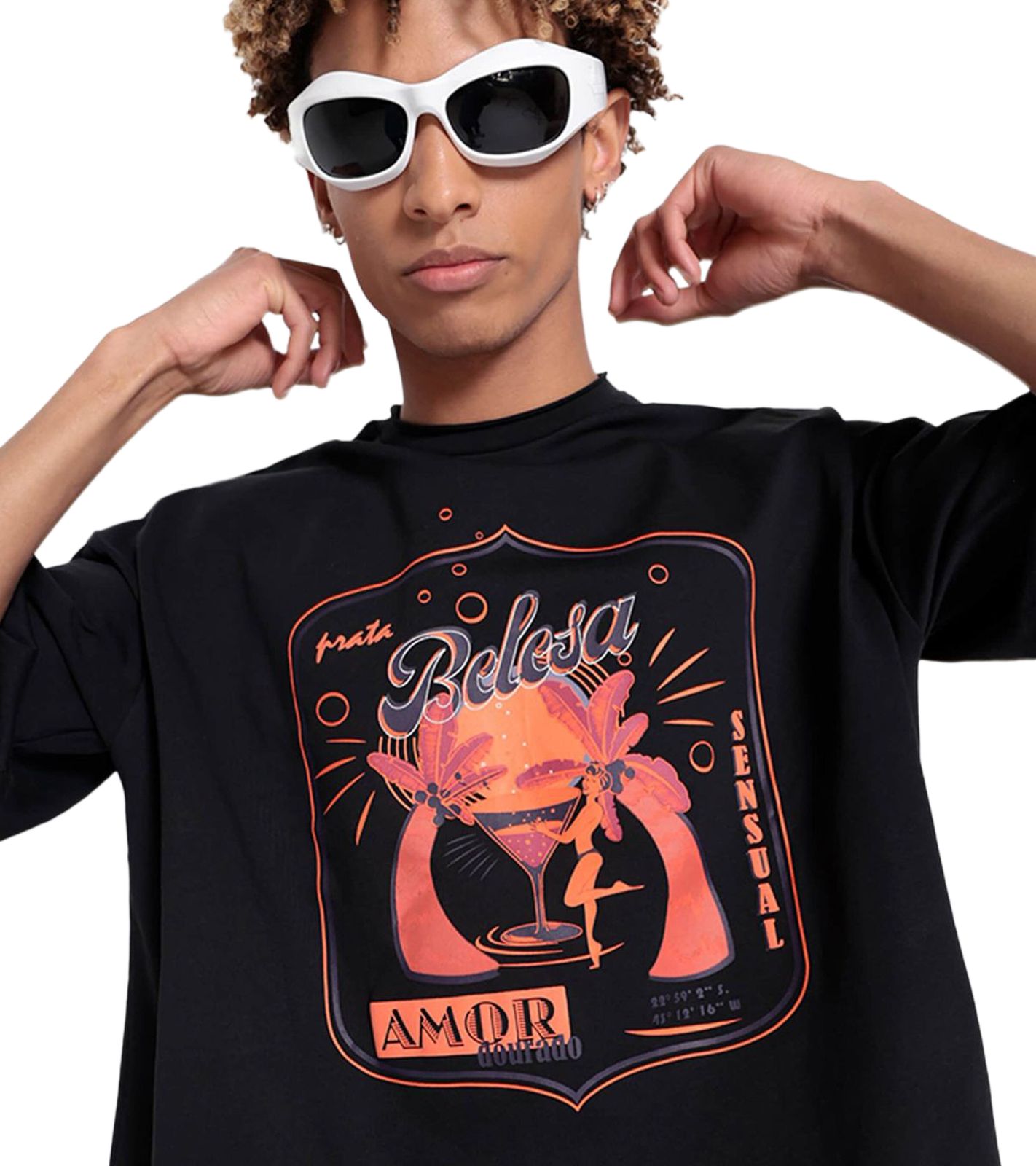 DWD Studioz Ipanema Herren T-Shirt Rundhals-Shirt mit großem Front-Print Schwarz