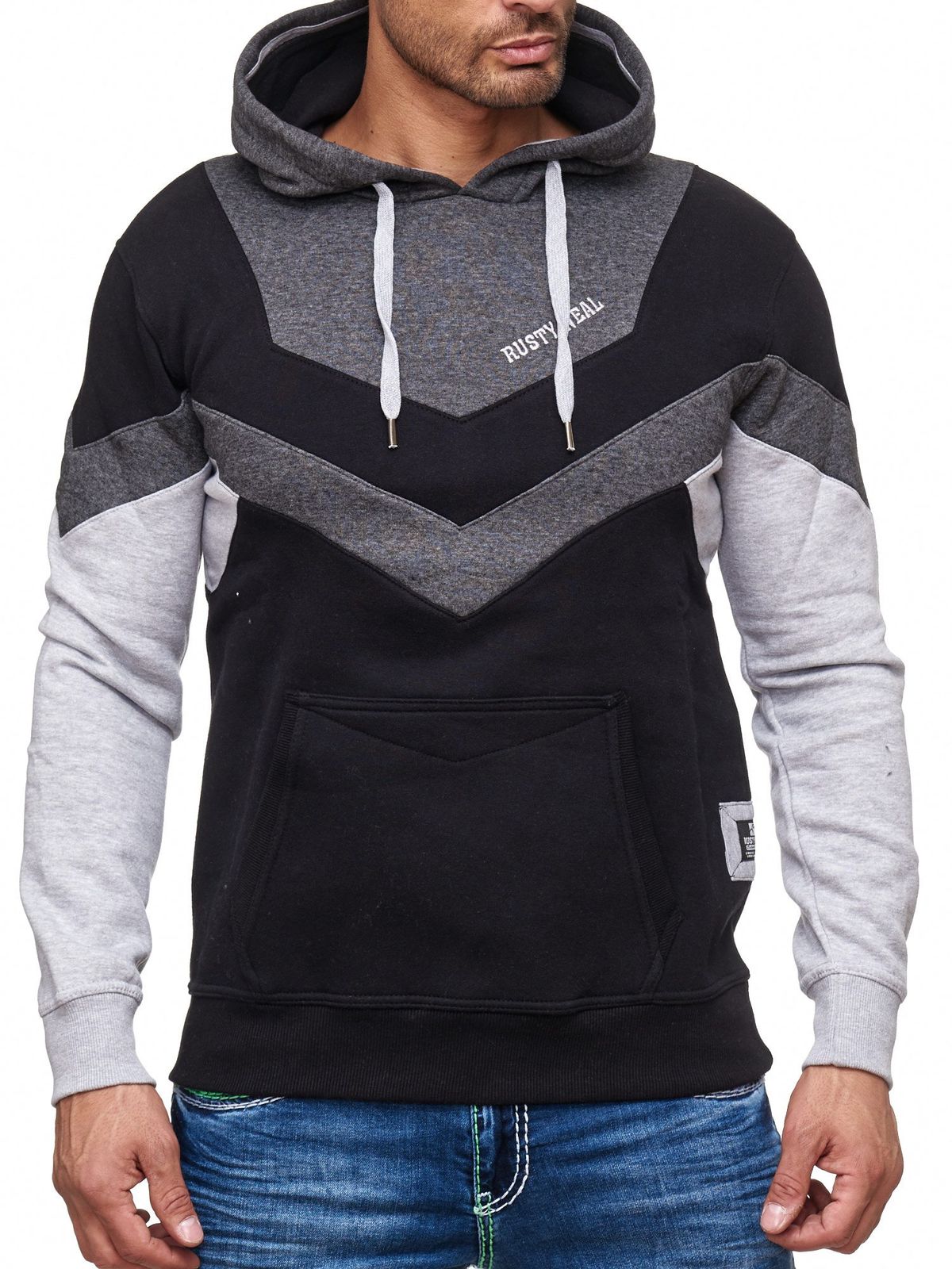 Dynamischer Herren Hoodie im Colorblock Design Kapuzen-Pullover mit Kängurutasche sportlicher Sweater 19044 Anthrazit