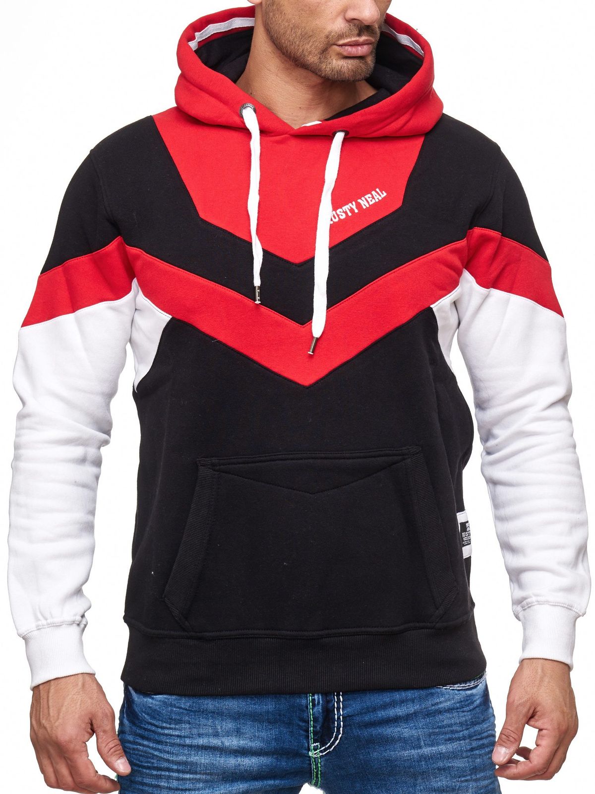 Dynamischer Herren Hoodie im Colorblock Design Kapuzen-Pullover mit Kängurutasche sportlicher Sweater 19044 Rot