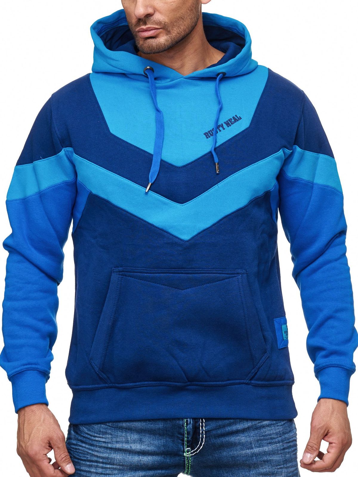 Dynamischer Herren Hoodie im Colorblock Design Kapuzen-Pullover mit Kängurutasche sportlicher Sweater 19044 Türkis