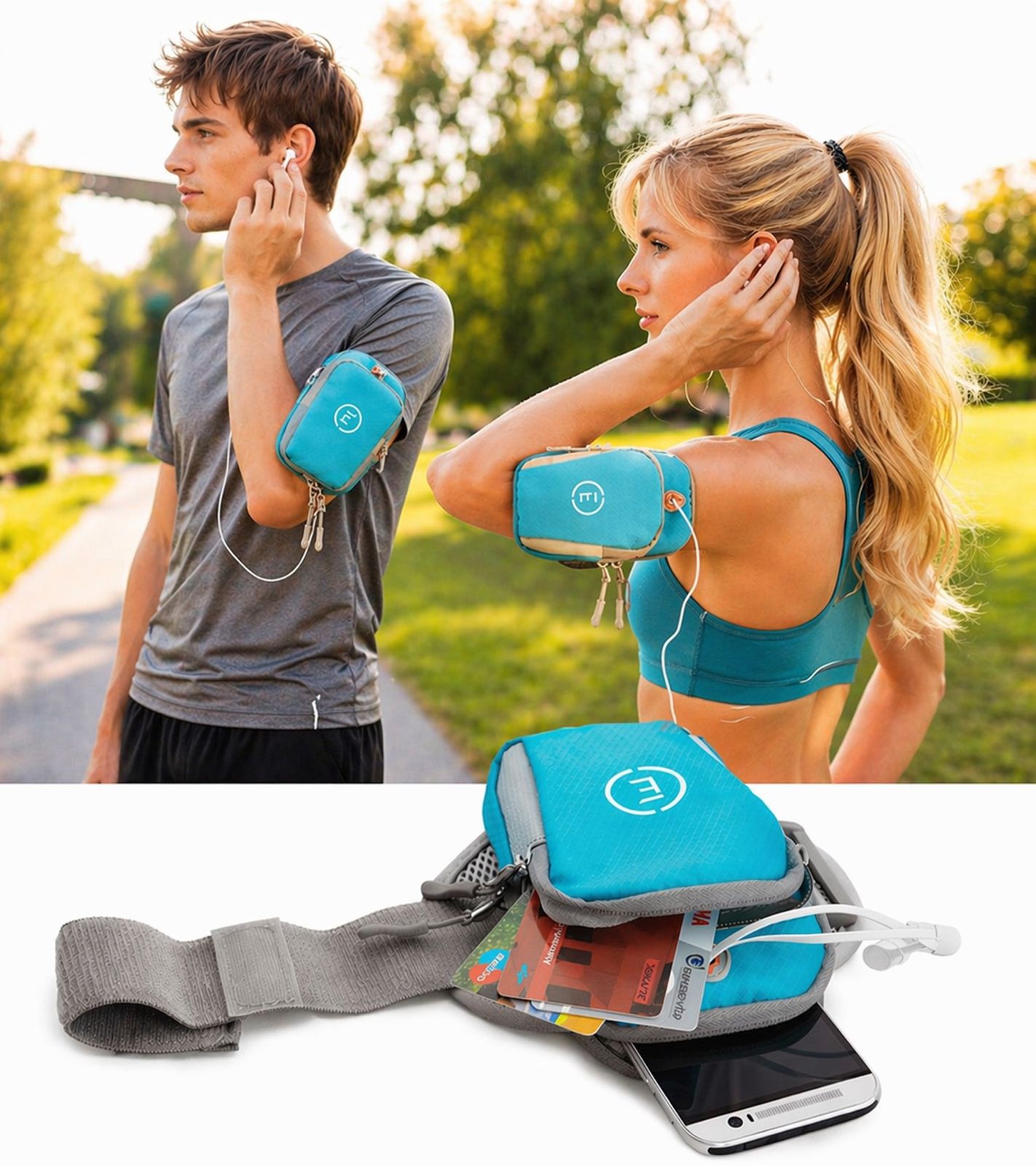 Echelon Lime Sportarmband-Tasche fürs Handy mit Kopfhöreröffnung Jogging-Armband Handy-Hülle 30cm Armumfang Blau