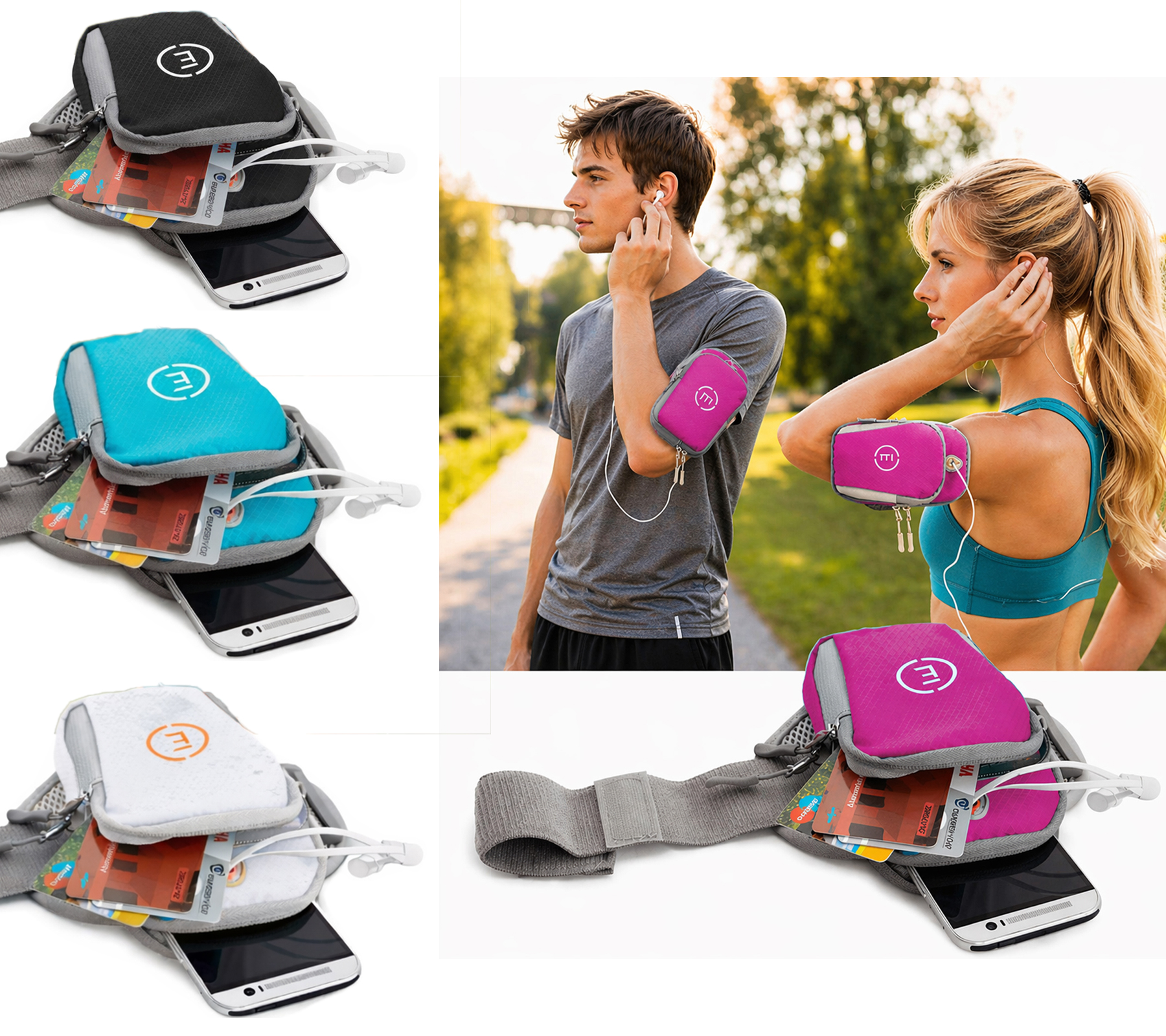 Echelon Lime Sportarmband-Tasche fürs Handy mit Kopfhöreröffnung Jogging-Armband Handy-Hülle 30cm Armumfang in Pink, Blau, Grau oder Schwarz