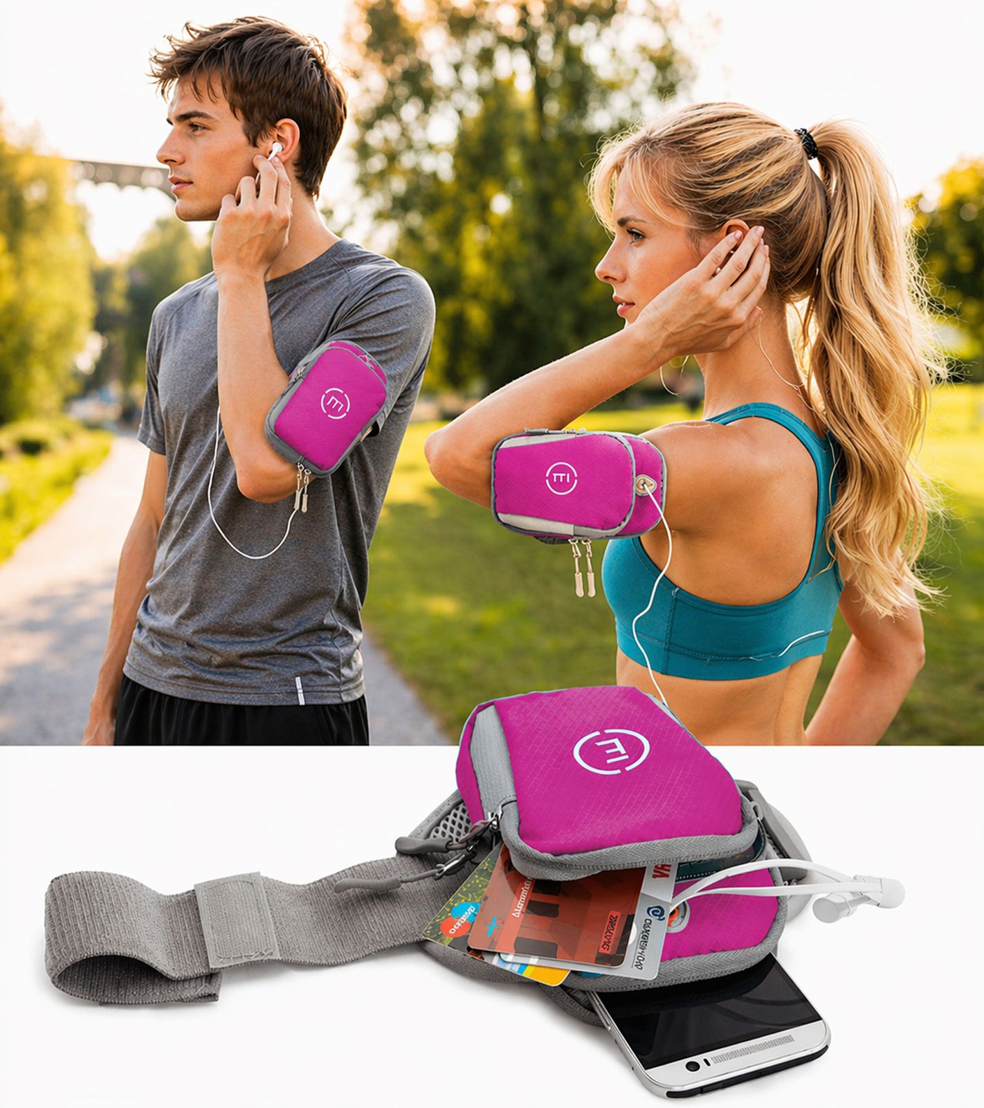 Echelon Lime Sportarmband-Tasche fürs Handy mit Kopfhöreröffnung Jogging-Armband Handy-Hülle 30cm Armumfang Pink