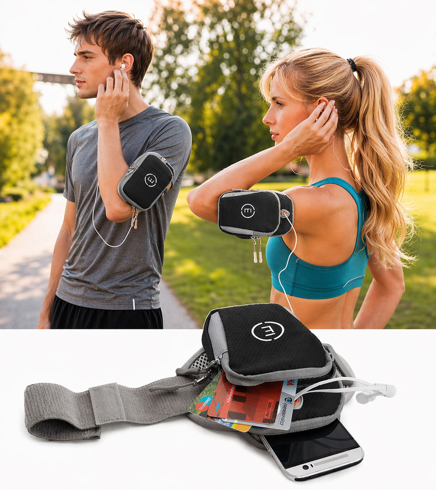 Echelon Lime Sportarmband-Tasche fürs Handy mit Kopfhöreröffnung Jogging-Armband Handy-Hülle 30cm Armumfang Schwarz