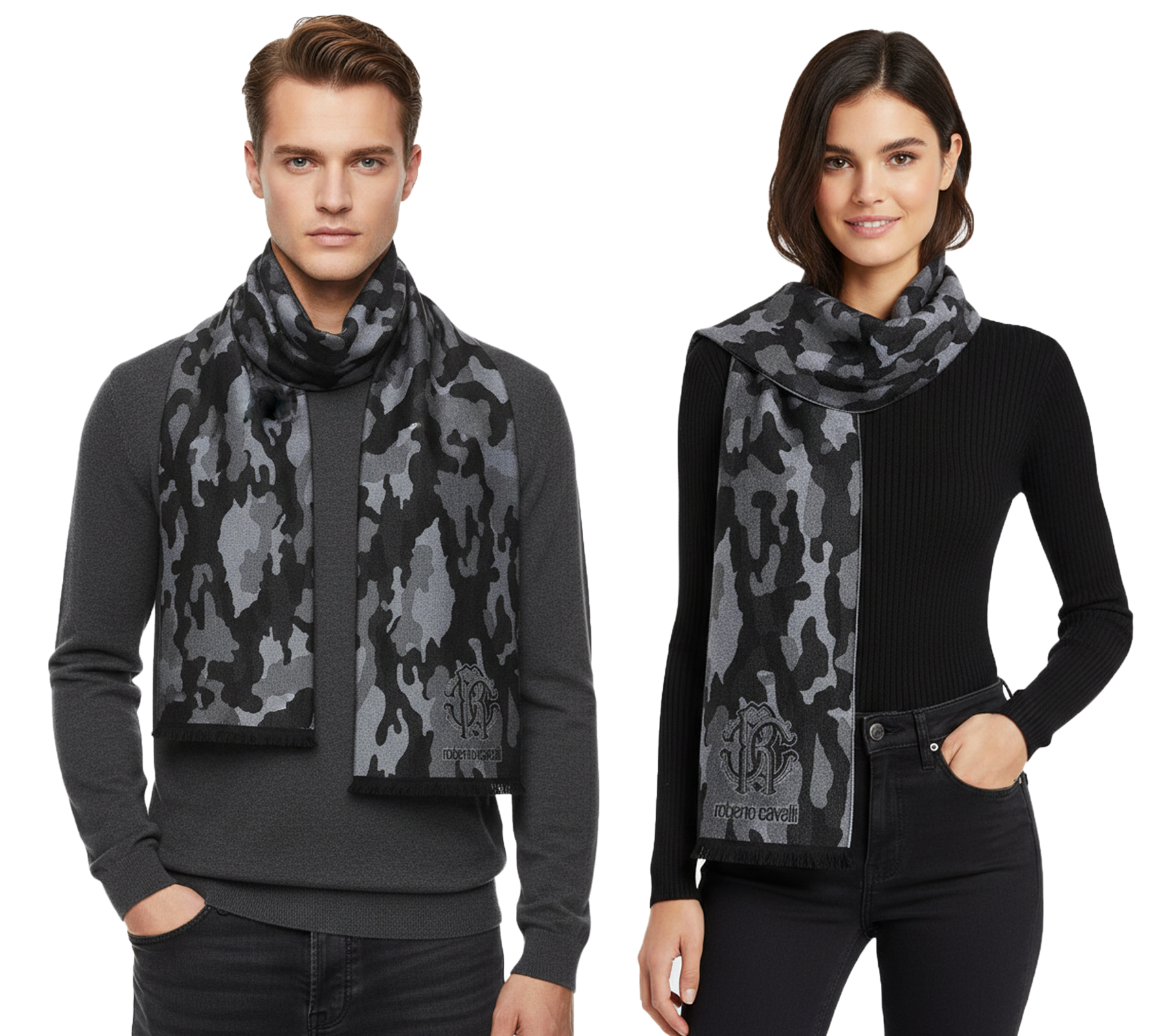 edler roberto cavalli Schal für Damen und Herren Halstuch aus reiner Wolle WOV06600004-01198 Schwarz/Grau