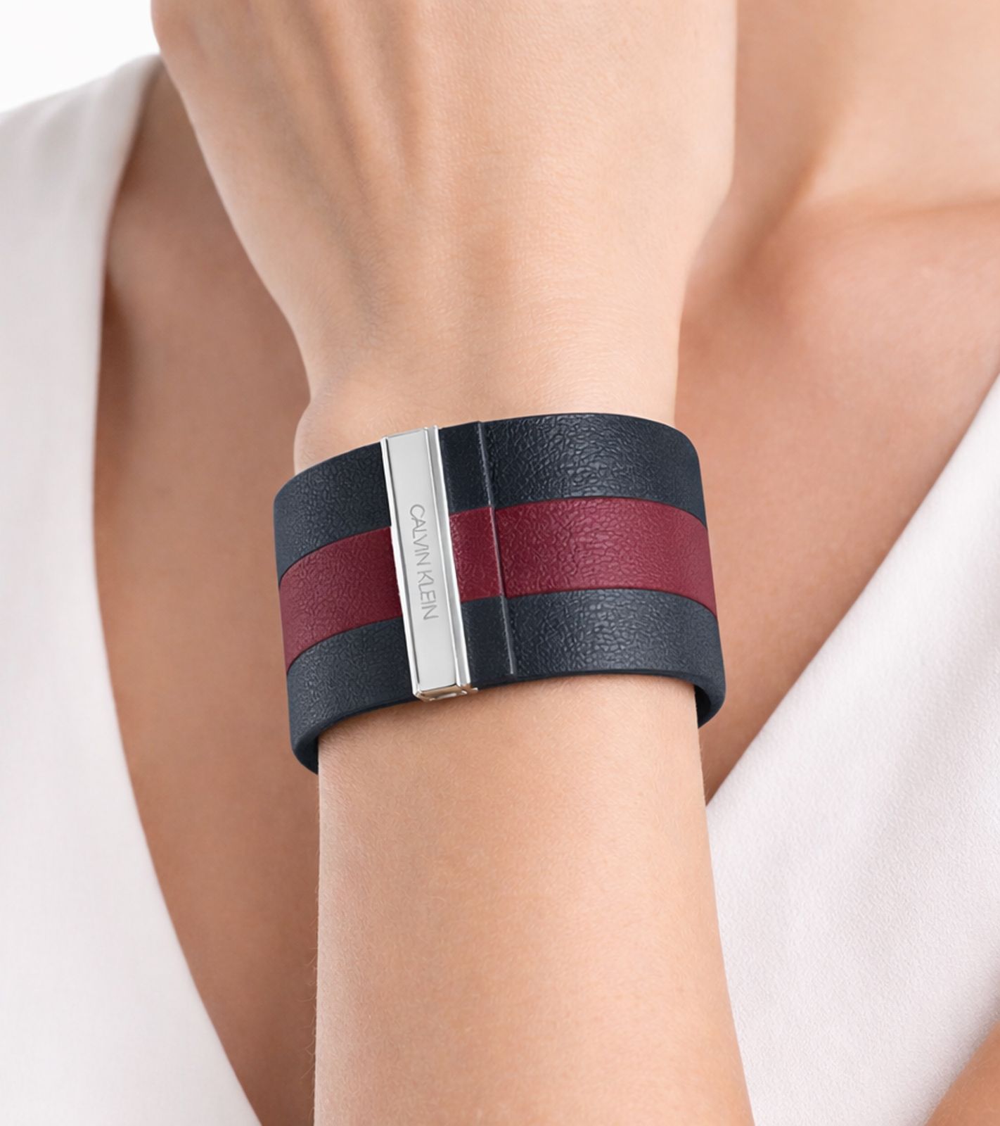 Edles Calvin Klein Damen Echtleder-Armband mit breitem Kontraststreifen Arm-Schmuck Größe XS 15cm KJ9KAB0901 Anthrazit/Rot