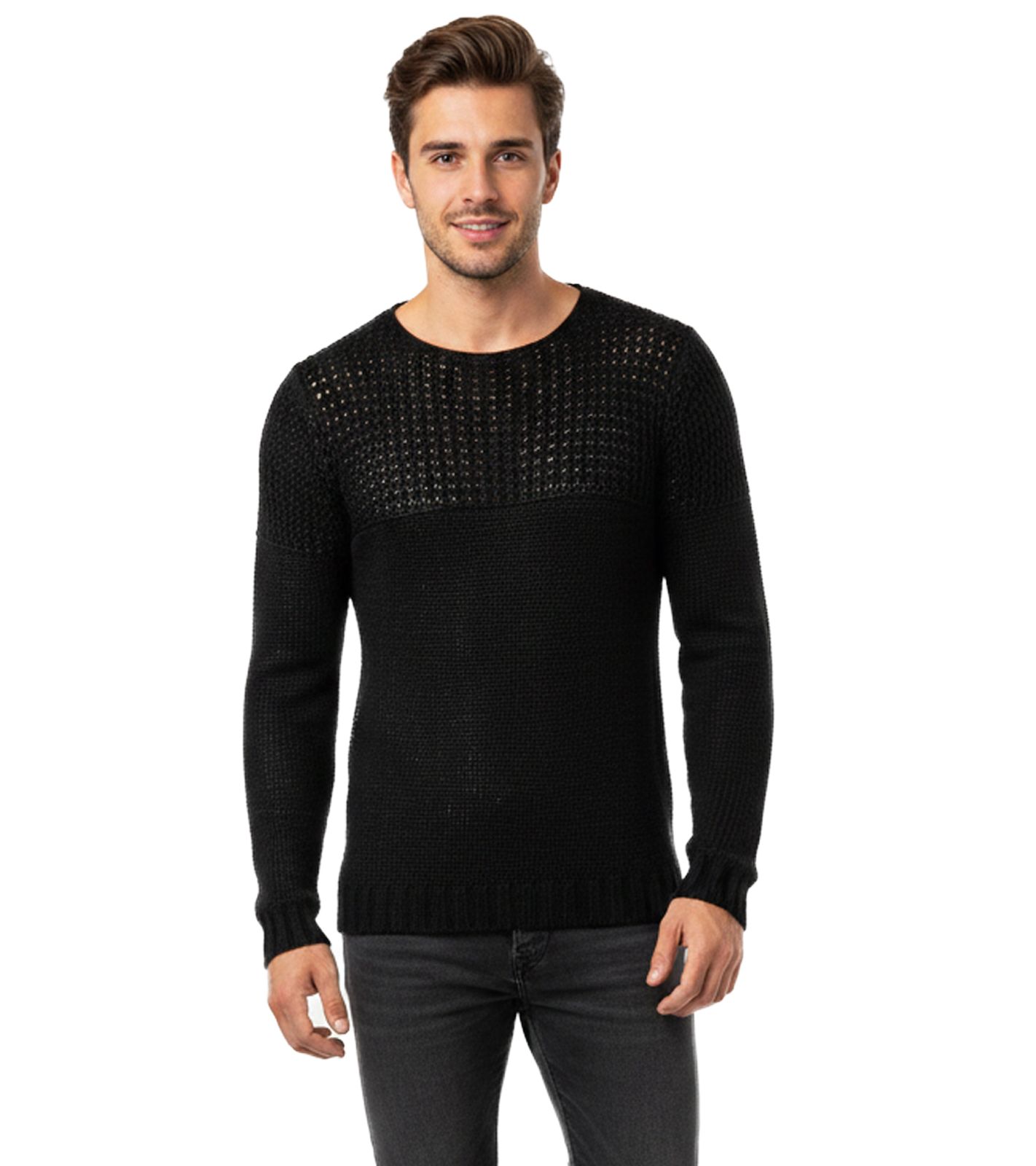 Einfarbiger Herren Rundhals-Pullover im löchrigem Grobstrick Sweater 6250 Schwarz