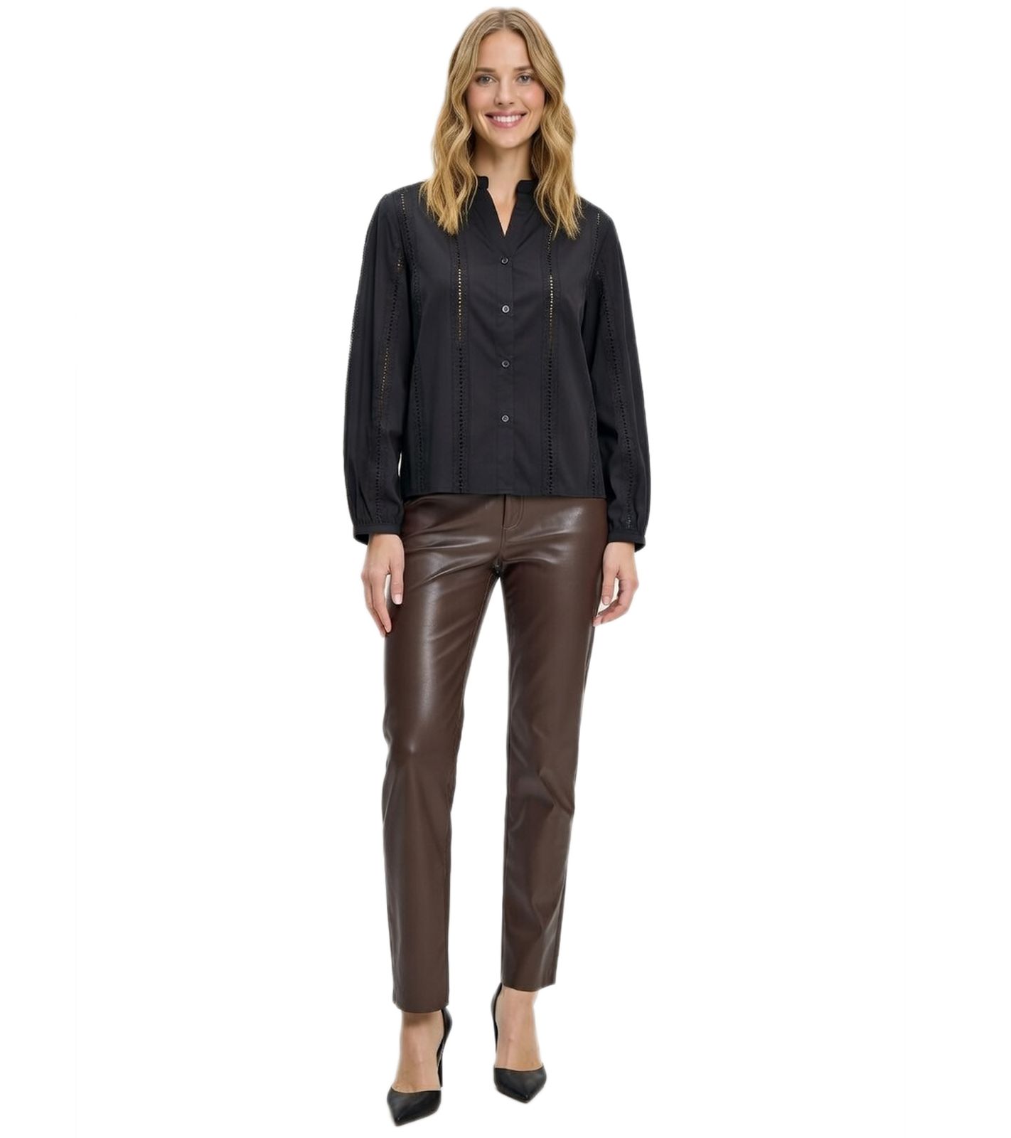 Elegante Damen Bluse aus Baumwolle mit dezenten Lochstickereien Sommer-Shirt 967654 Schwarz