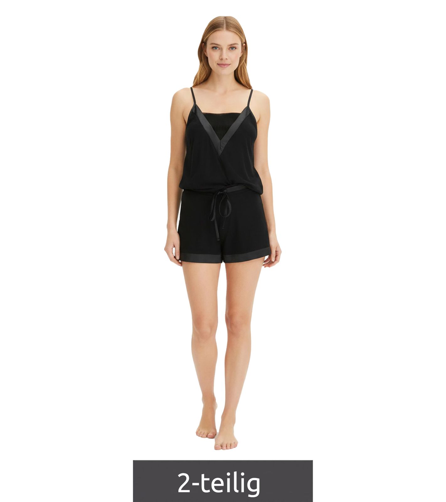 eleganter Damen Pyjama 2-teiliger Baumwoll-Shorty mit Satinbesatz kurzes Schlafanzug-Set bestehend aus Ober- und Unterteil 936951 Schwarz