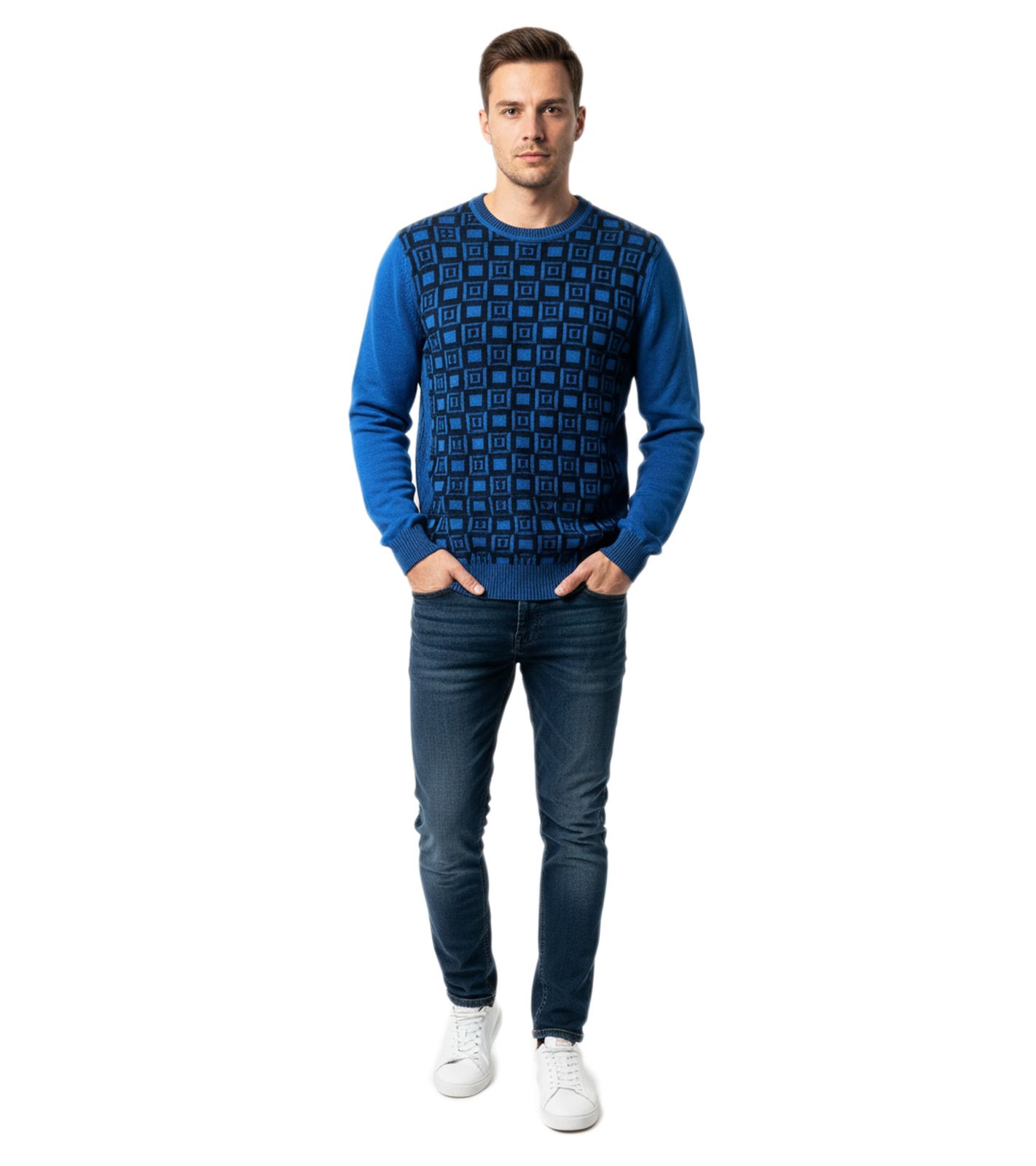 Eleganter und trendiger Strickpullover mit modernem geometrischem Muster Feinstrick-Sweater 3178 Blau