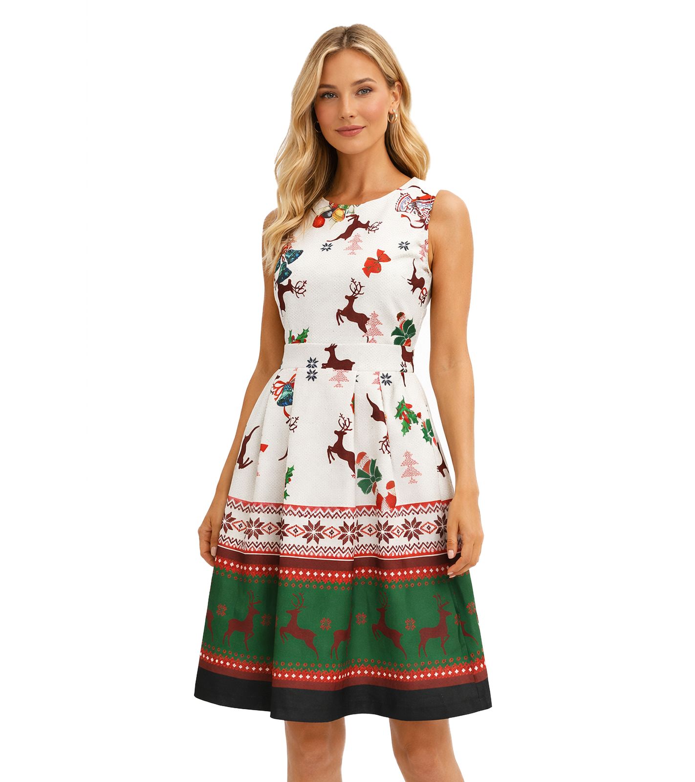 Elegantes ärmelloses Damen Weihnachts-Partykleid mit festlichem Print und ausgestelltem Rock 967618 beige/schwarz/rot