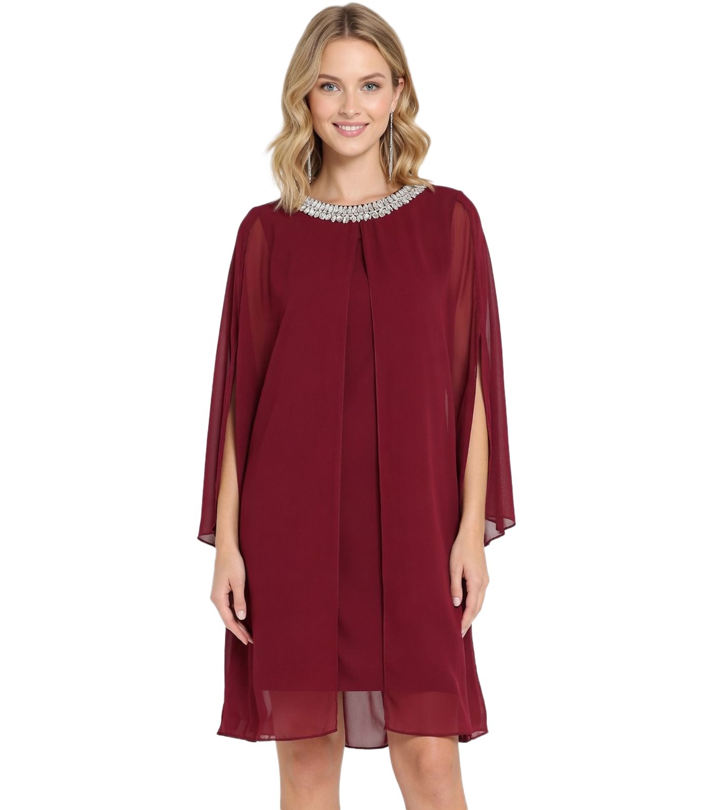 elegantes Damen Abend-Kleid Chiffon-Kleid mit 3/4-Ärmeln Cocktail-Kleid 935924 Bordeaux-Rot