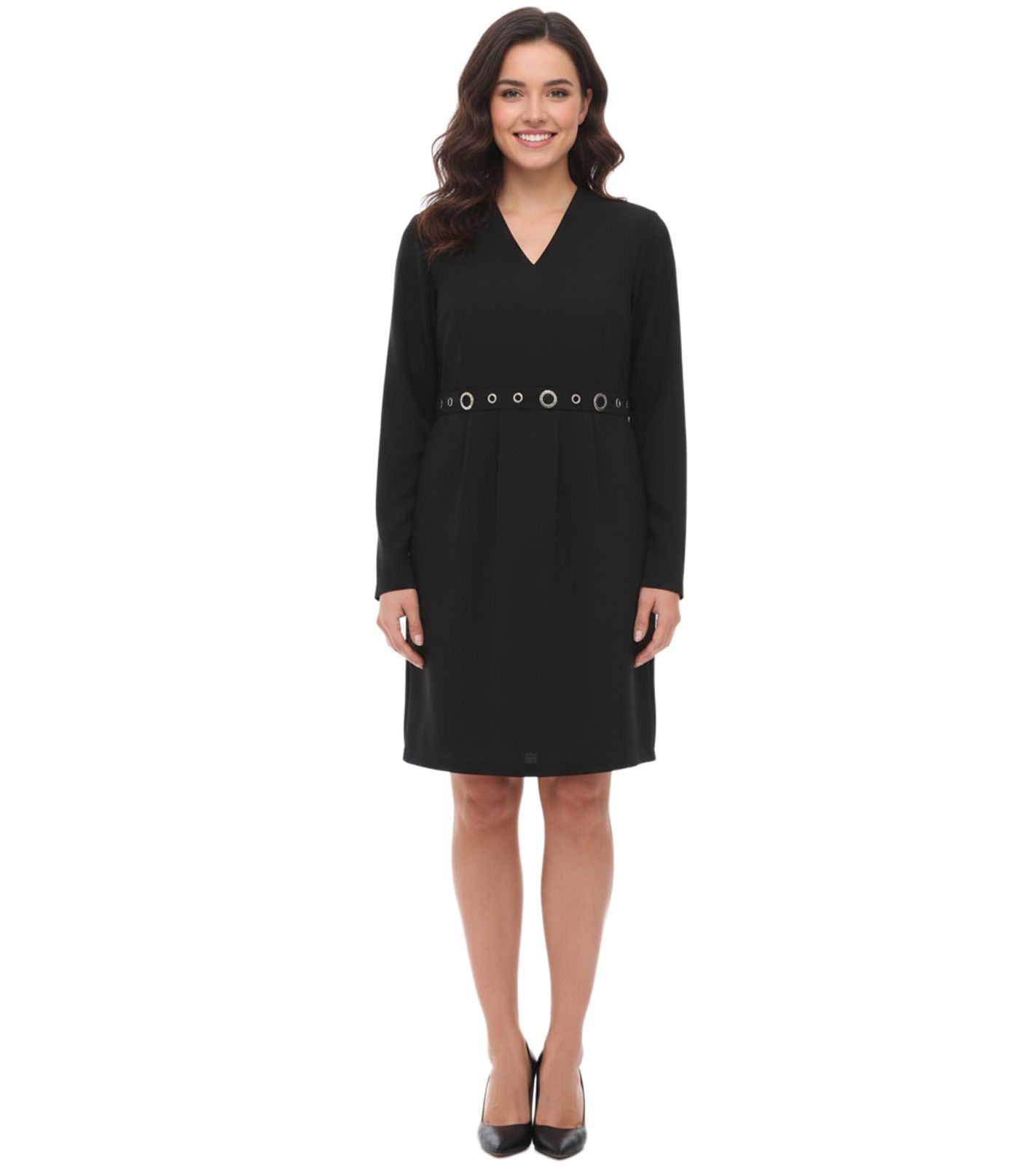 elegantes Damen Etui-Kleid Business-Kleid mit Ösenbesatz Sommer-Kleid Langarm-Kleid 951072 Schwarz