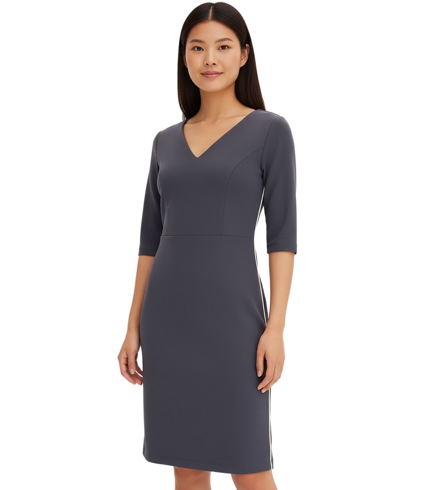 elegantes Damen Etui-Kleid mit modernem Kontrastband Sommer-Kleid Midi-Kleid 953049 Grau